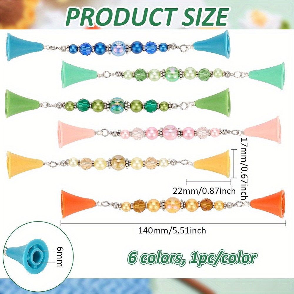 1set 6pcs Silicone Knitting Needle Point Protectors Chains with Glass