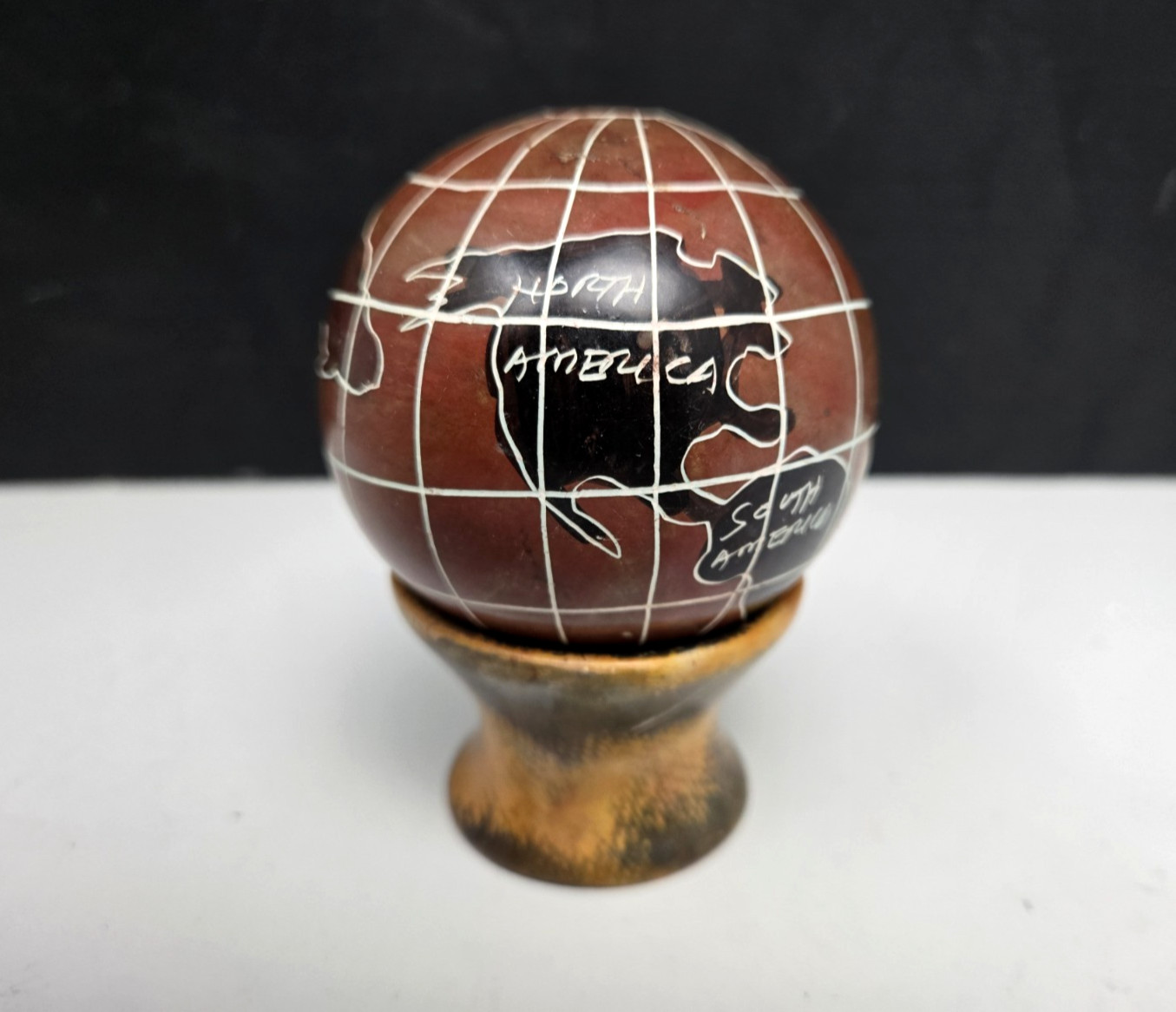 Hand Carved Soap Stone World Globe On Stone Stand 2 Piece Hand Painted 4"