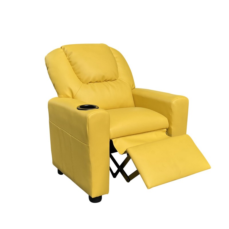 Kids Recliner Chair 23" Wide Yellow - PU Leather, Built-in Cup Holder