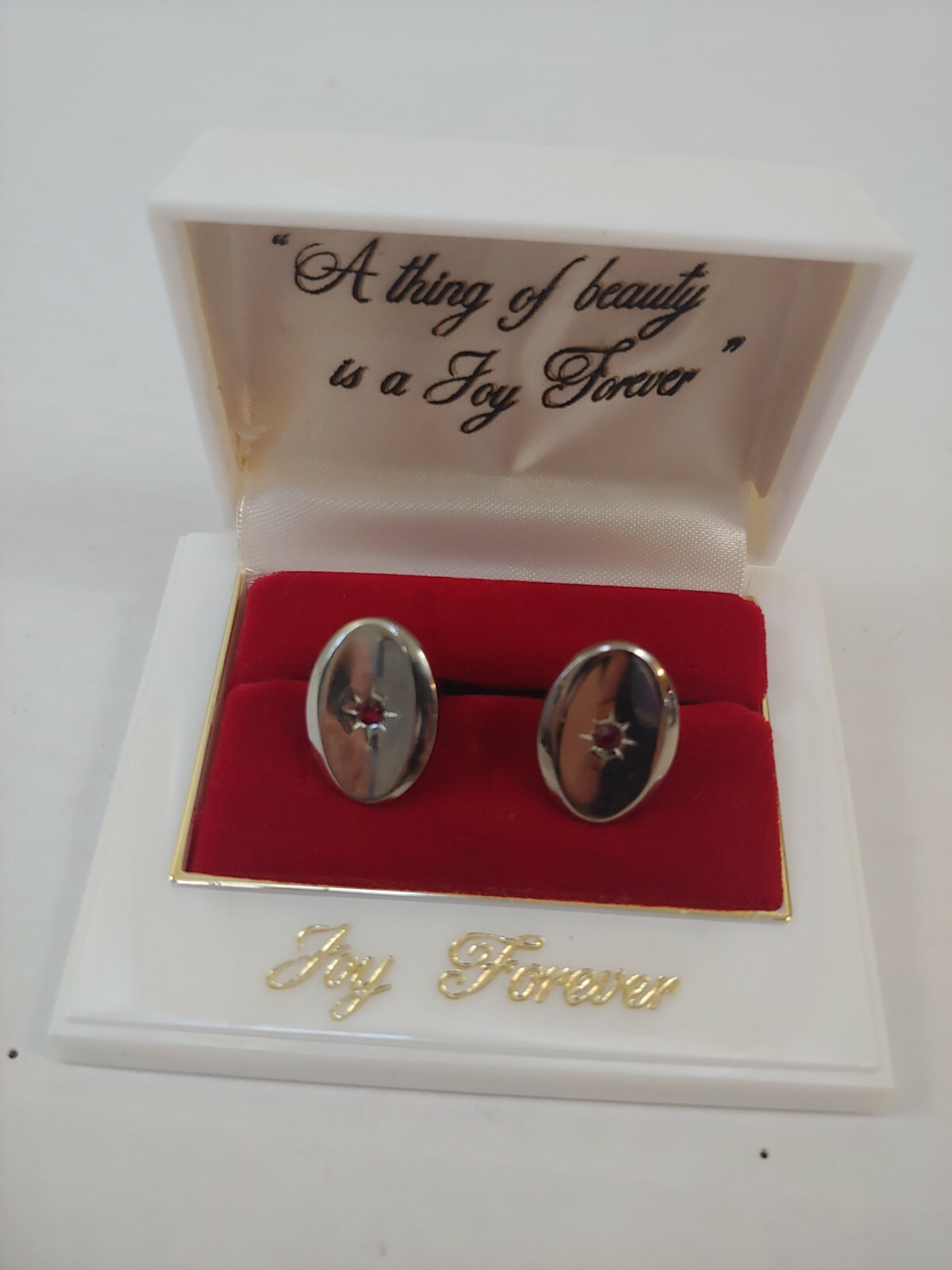 Vtg Cuff Links With Case A Thing Of Beauty Is A Joy Forever Silver Red USA