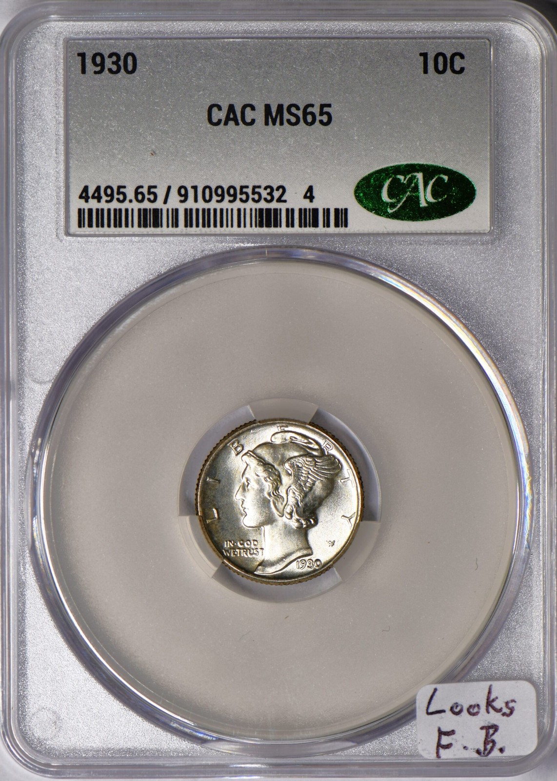 1930 Mercury Dime CAC MS-65; Looks Full Bands