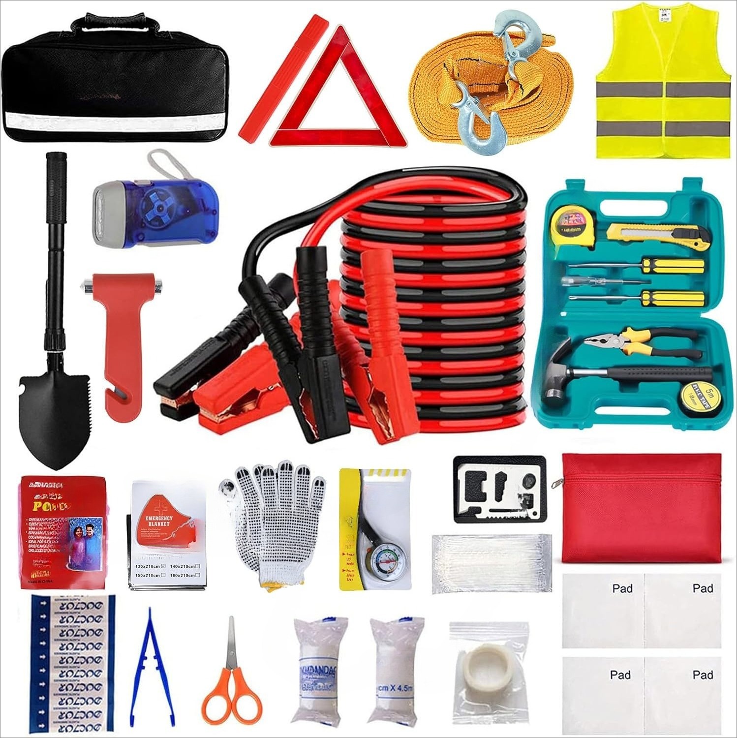 Automotive Emergency Roadside Tool Kit (Includes Jumper Cables and Shovel)