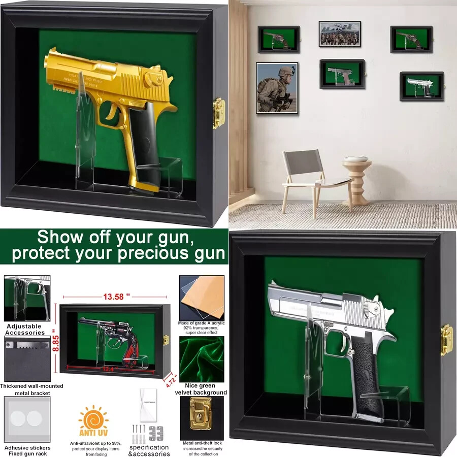 Gun Display Case Green Felt Wood Revolver Handgun Pistol Lock Shadow Box ELEGANT