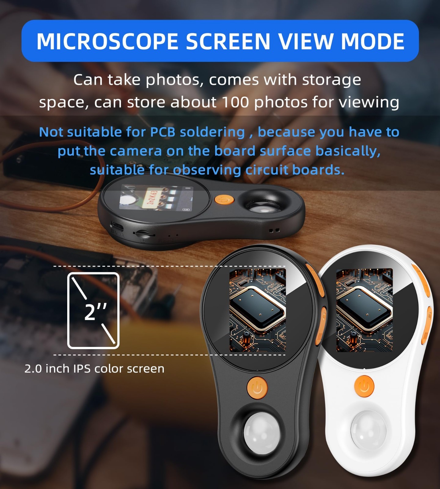 Portable USB Digital Microscope with Light, 500x Magnification, 2.0" IPS Screen