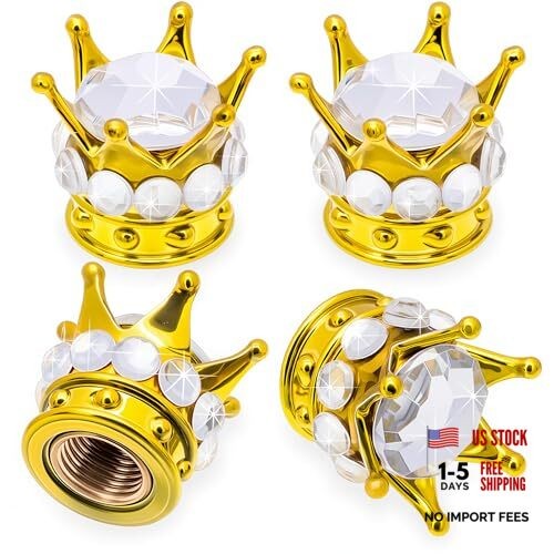 4PCS Crown Bling Tire Stem Valve Caps, Crystal Diamond Car Wheel Gold & Silver