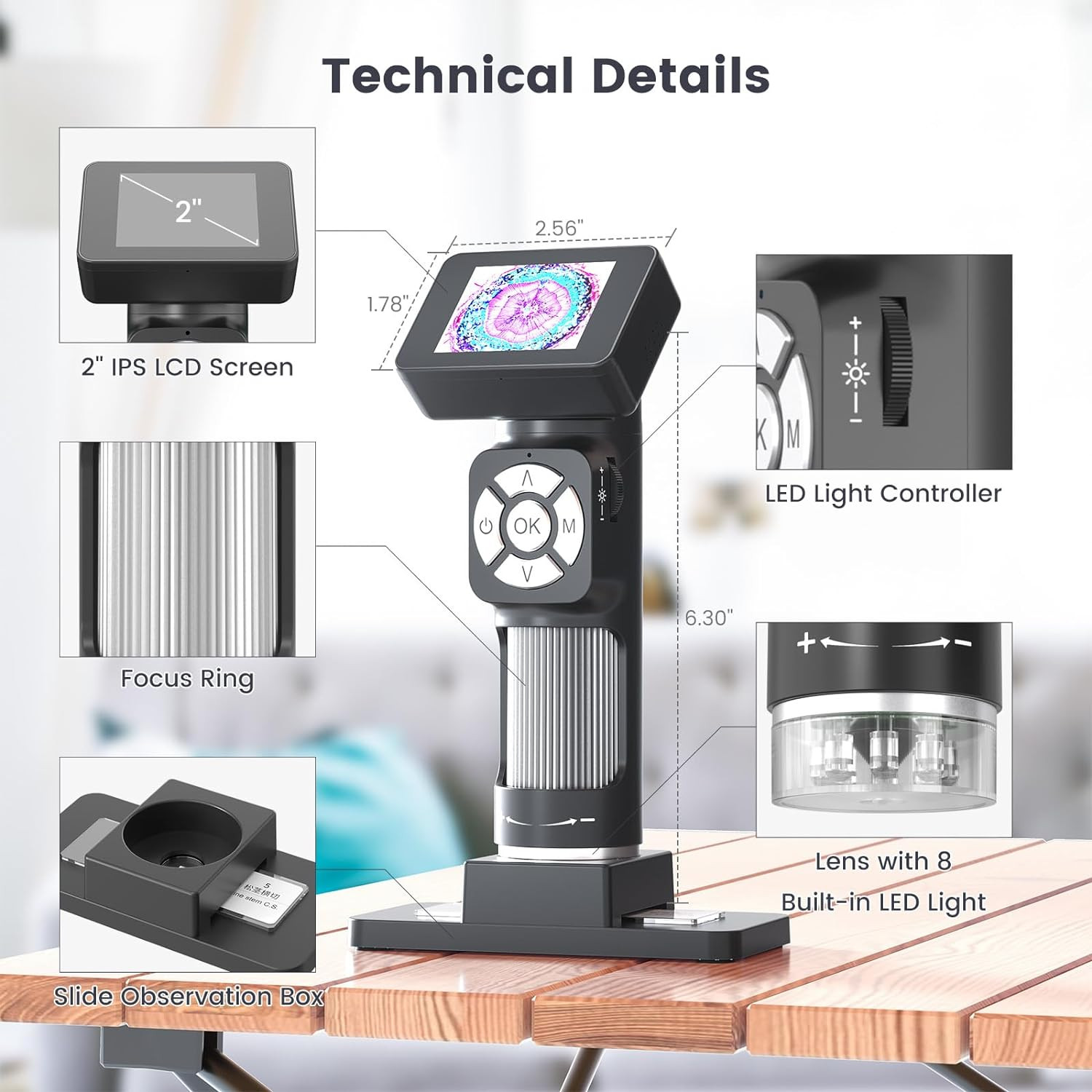 Portable Pocket Microscope Kit - Mini Handheld Digital Microscope 2" Screen 500x