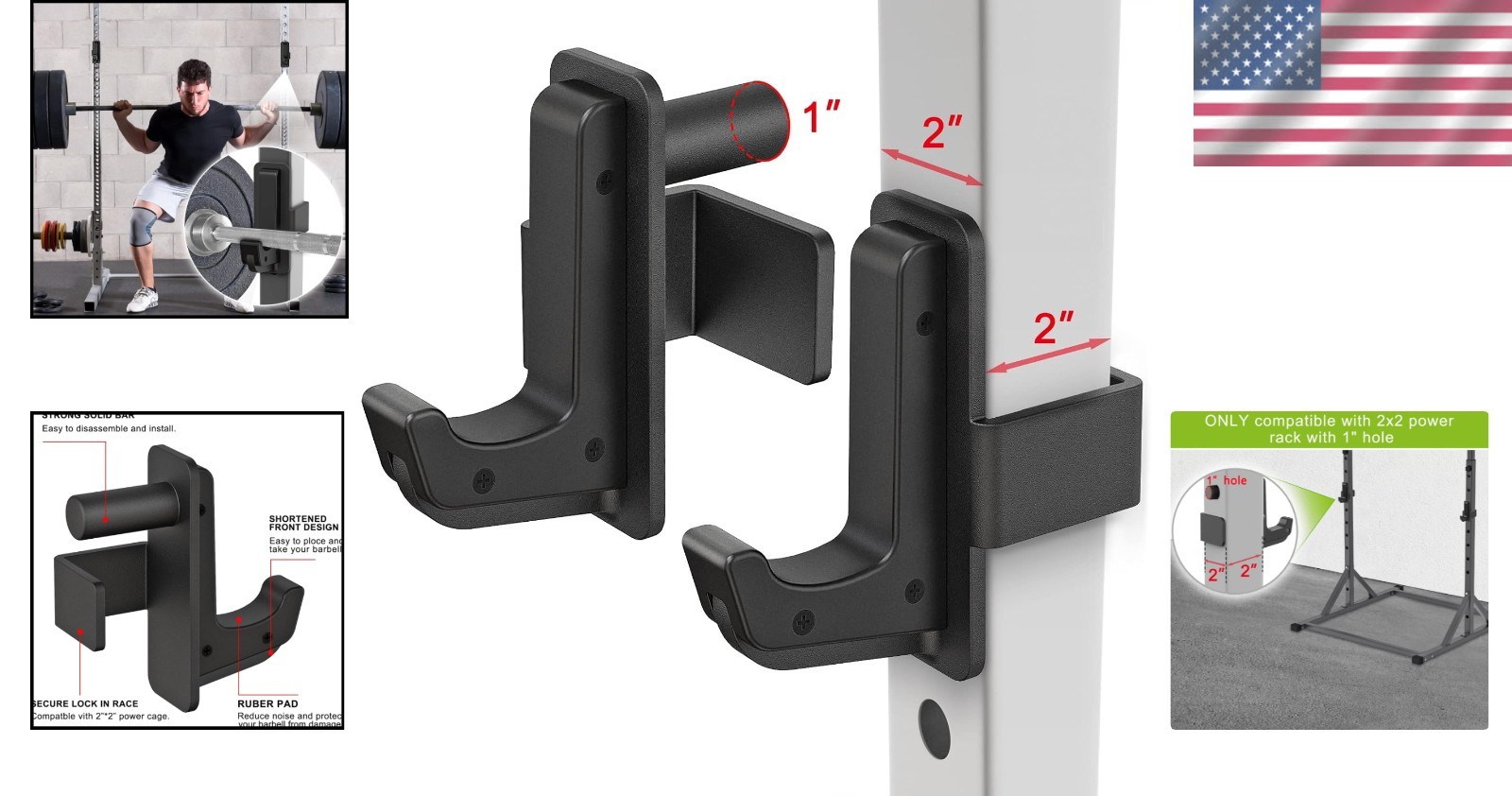 2x2 Power Cage Squat Rack J-Hook Barbell Holder/`