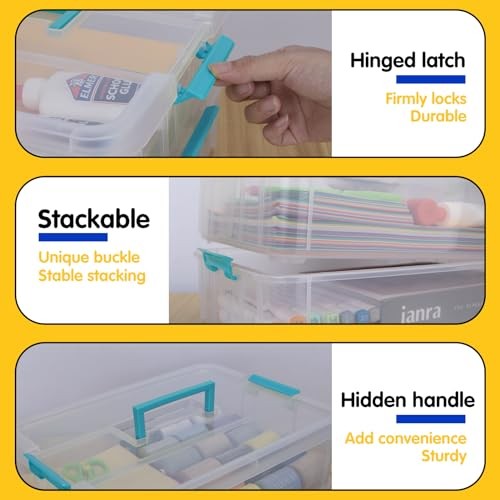 2 Layer Plastic Storage Containers with Lids, Multipurpose Clear Stack & Blue