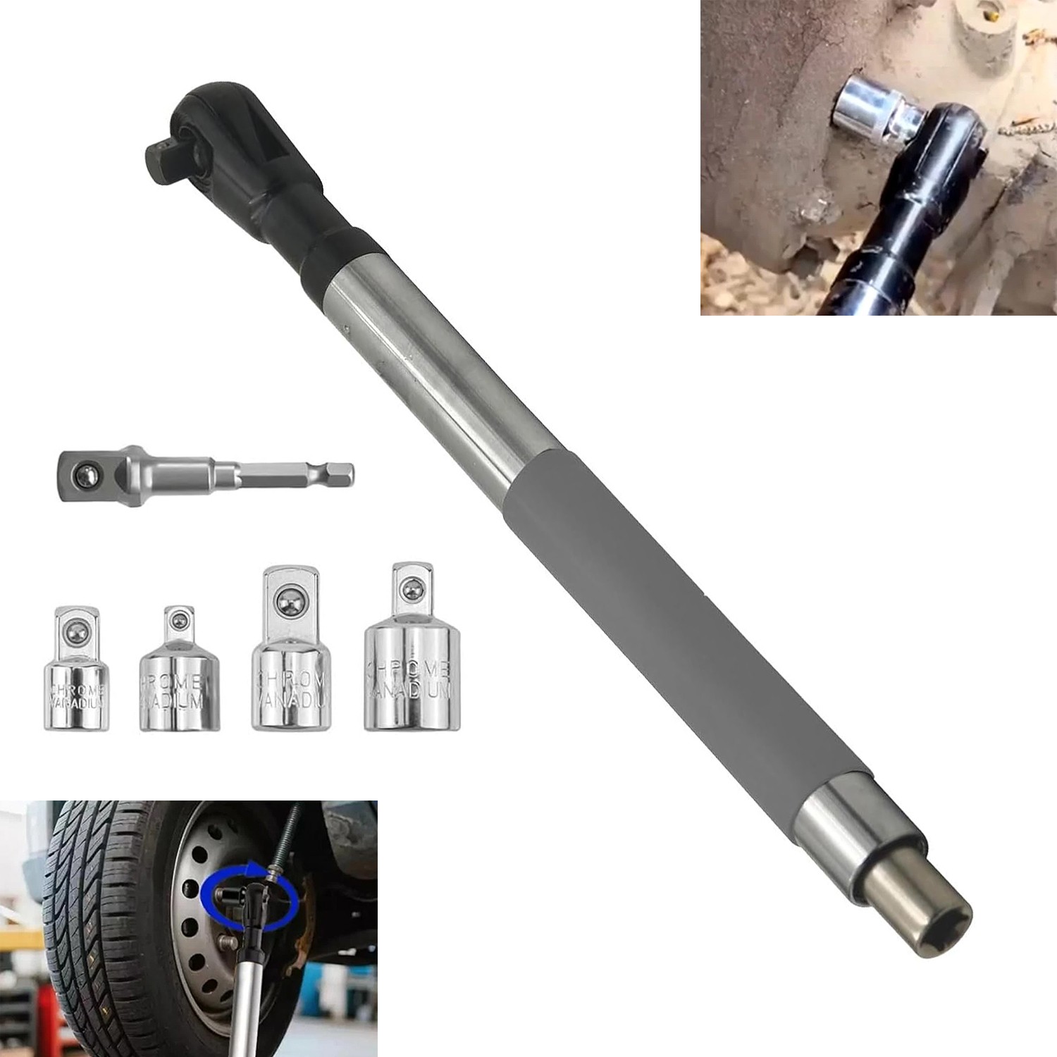 Offset Extension Wrench Kits with 4 Adapters and 1/2 Inch Electric Drill Adapter
