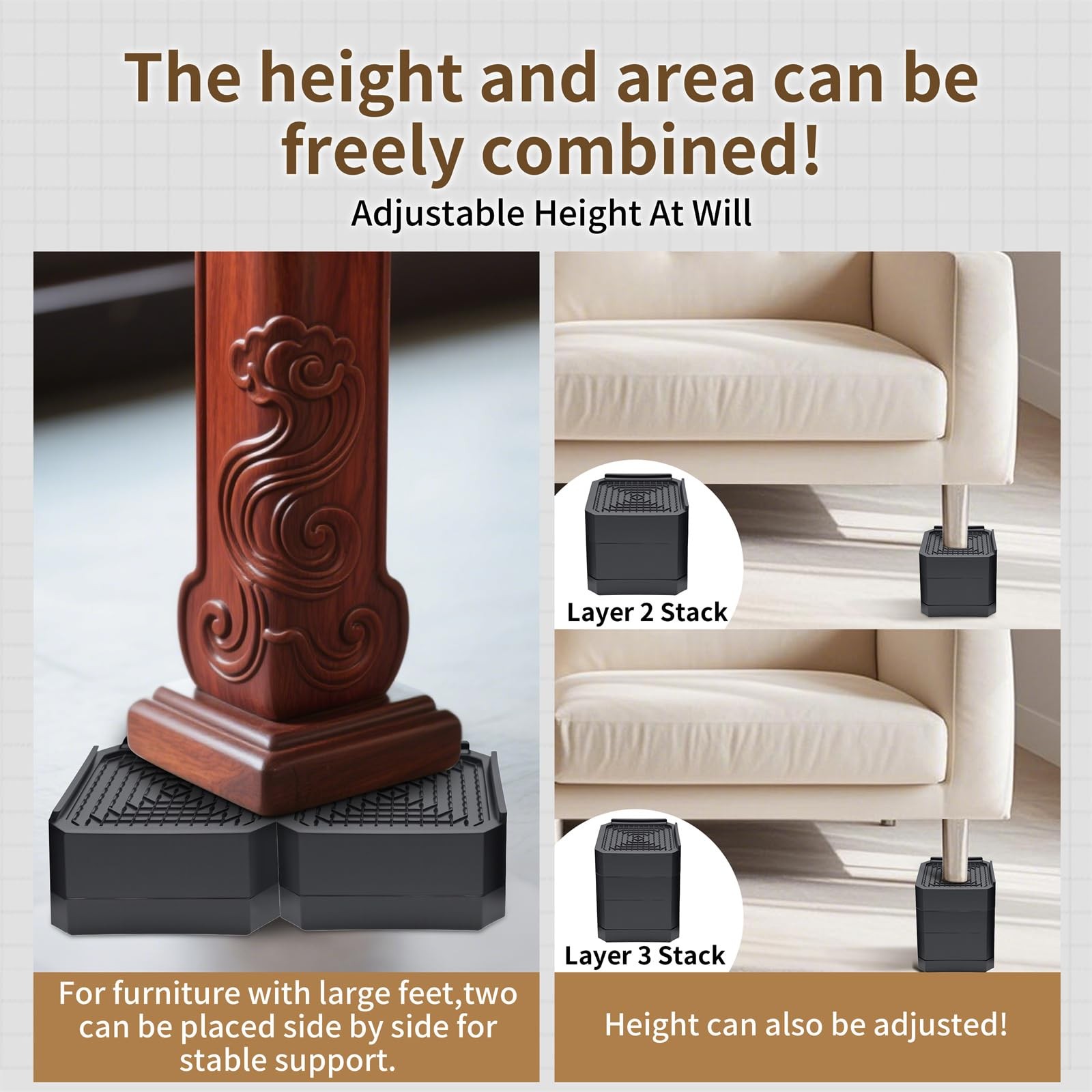 4 Pack Bed Risers Heavy Duty, Adjustable Furniture Risers for Bed Couch Sofa ...