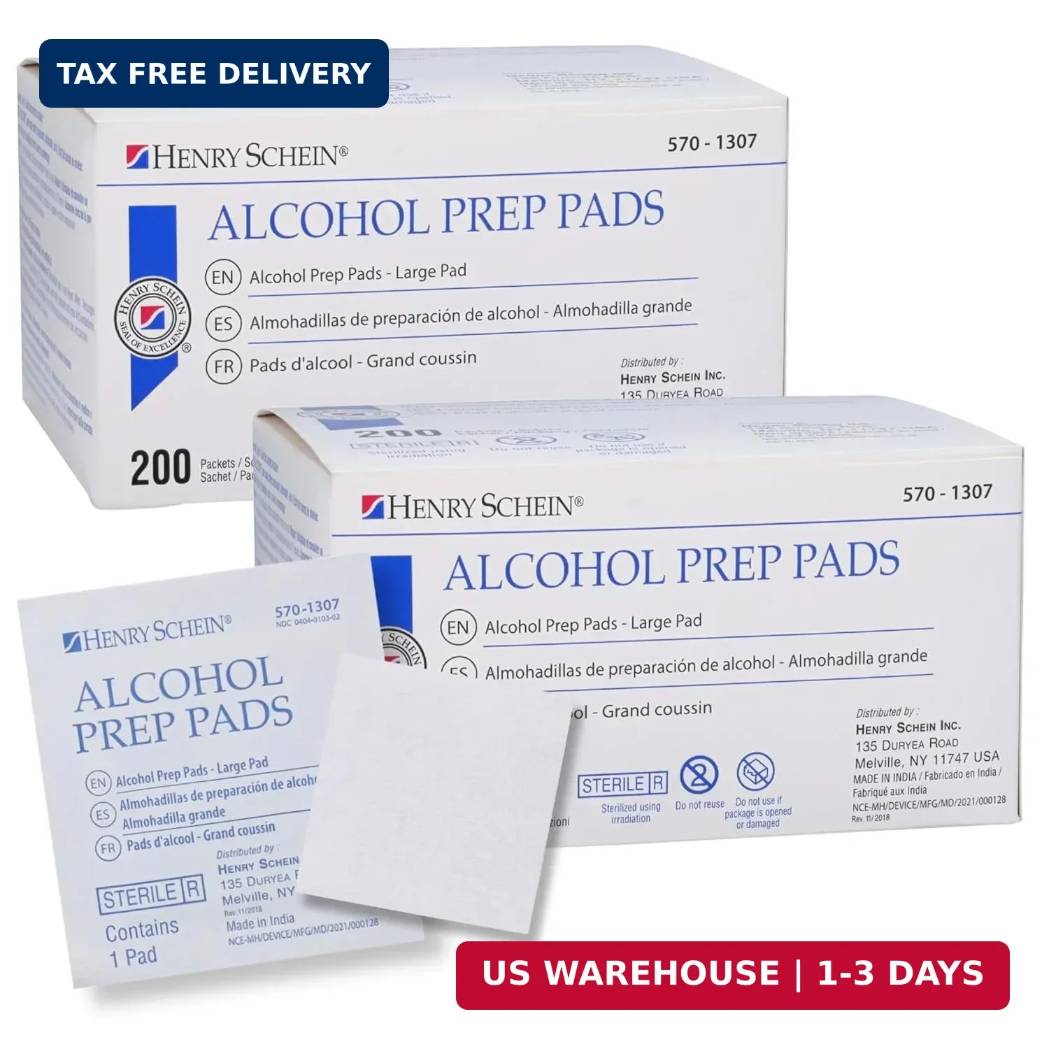 Henry Schein Large Alcohol Prep Pads (2 Boxes, 400 Total) - 70% Isopropyl Alcoho