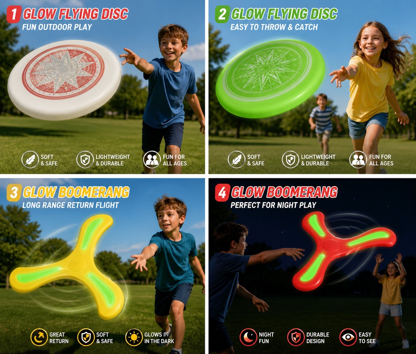 Set 4PCS The Dark Flying Disc Kids Outdoor Game Soft Boomerang Toys Night Play