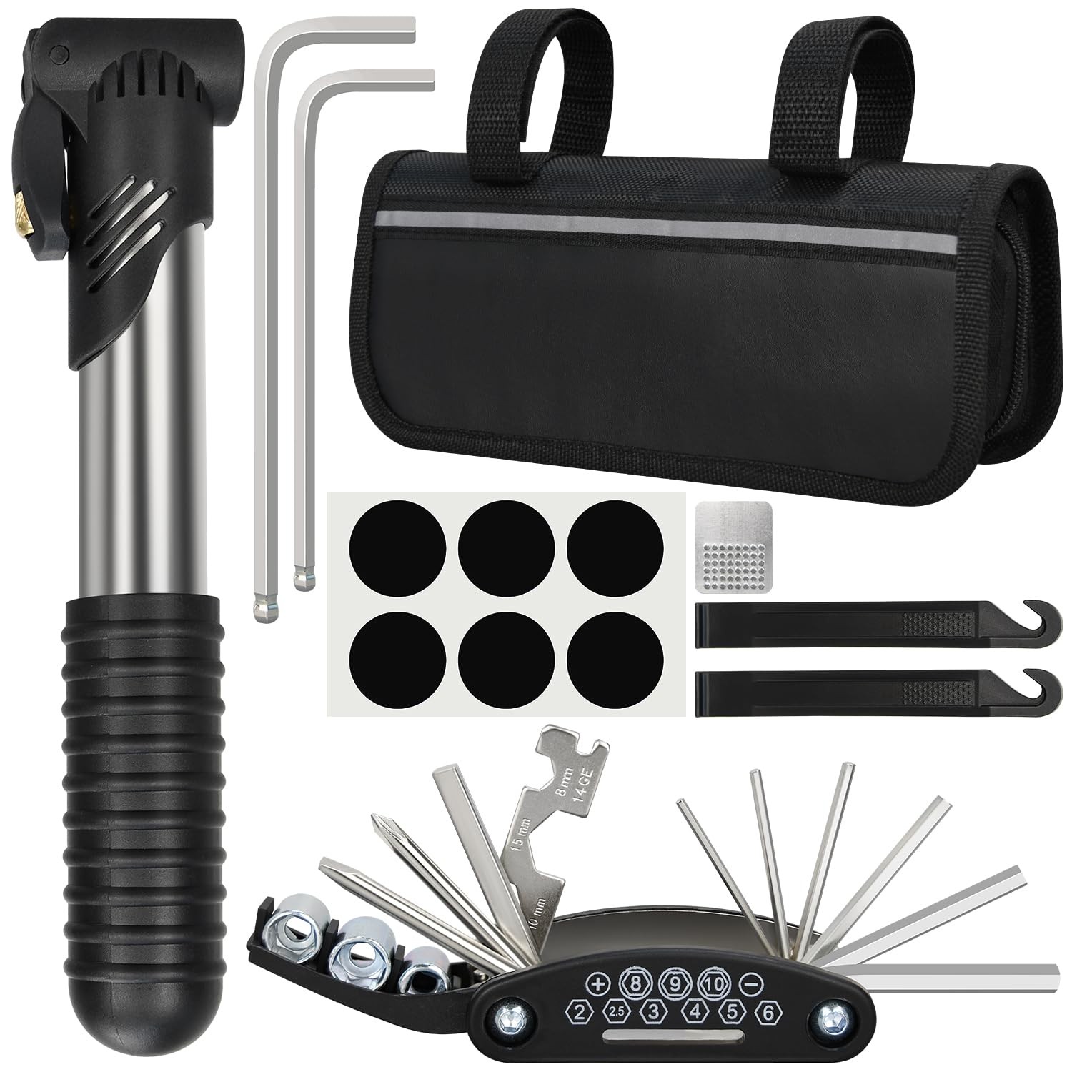 Ultimate Bike Repair Kit Bag, Portable Pump, Multitool, Allen Wrenches Set