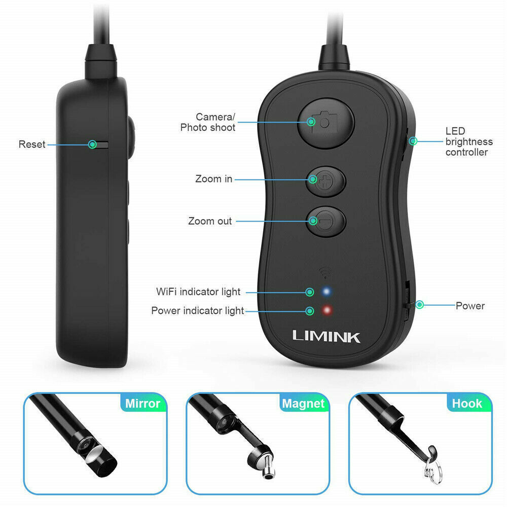 WIFI Endoscope Borescope Snake Inspection Camera HD 2.0MP for Phone Android 10M