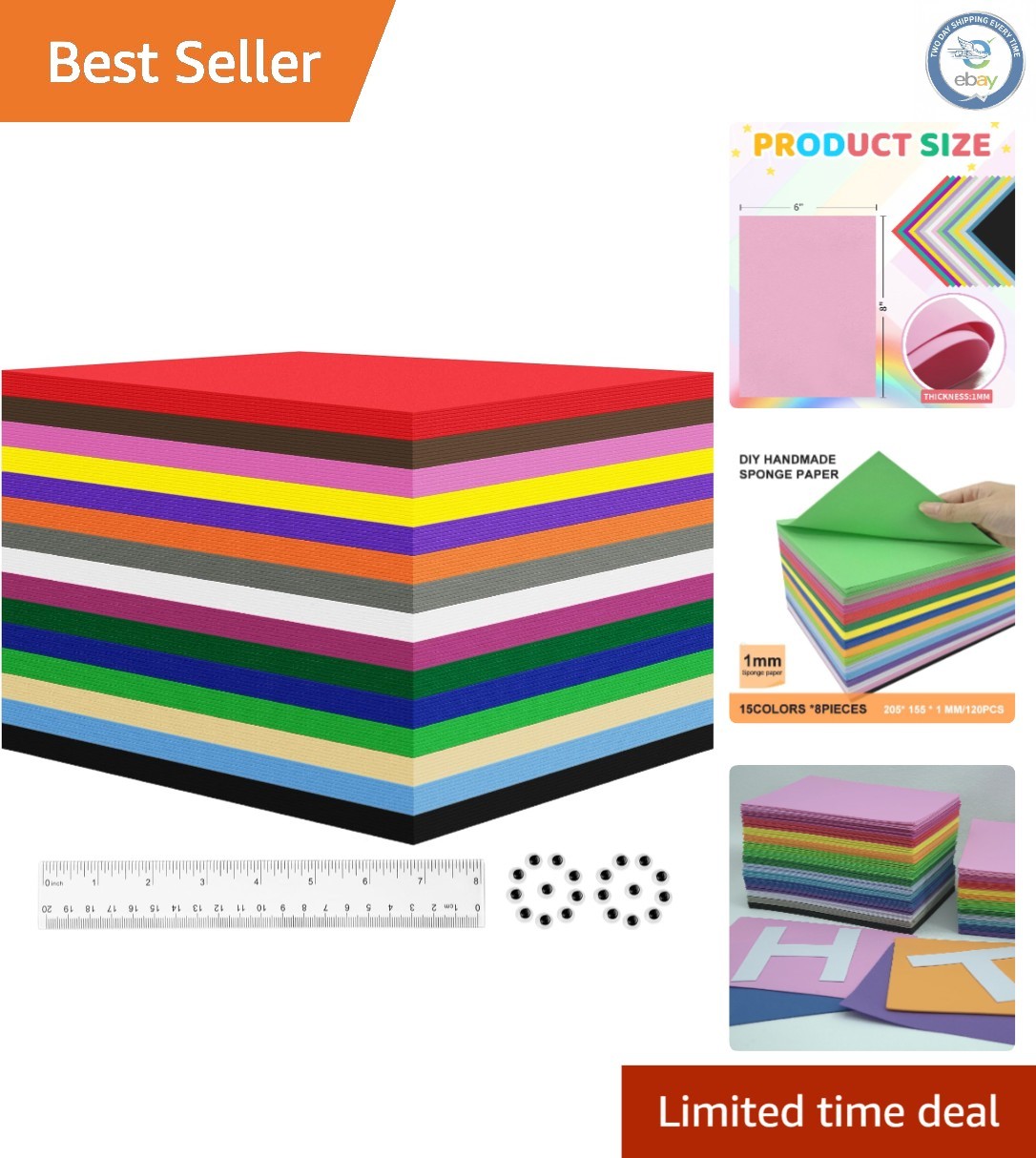 Durable 1mm EVA Foam Sheets 8 x 6 In (120 Pack), 15 Vibrant Colors for Crafting