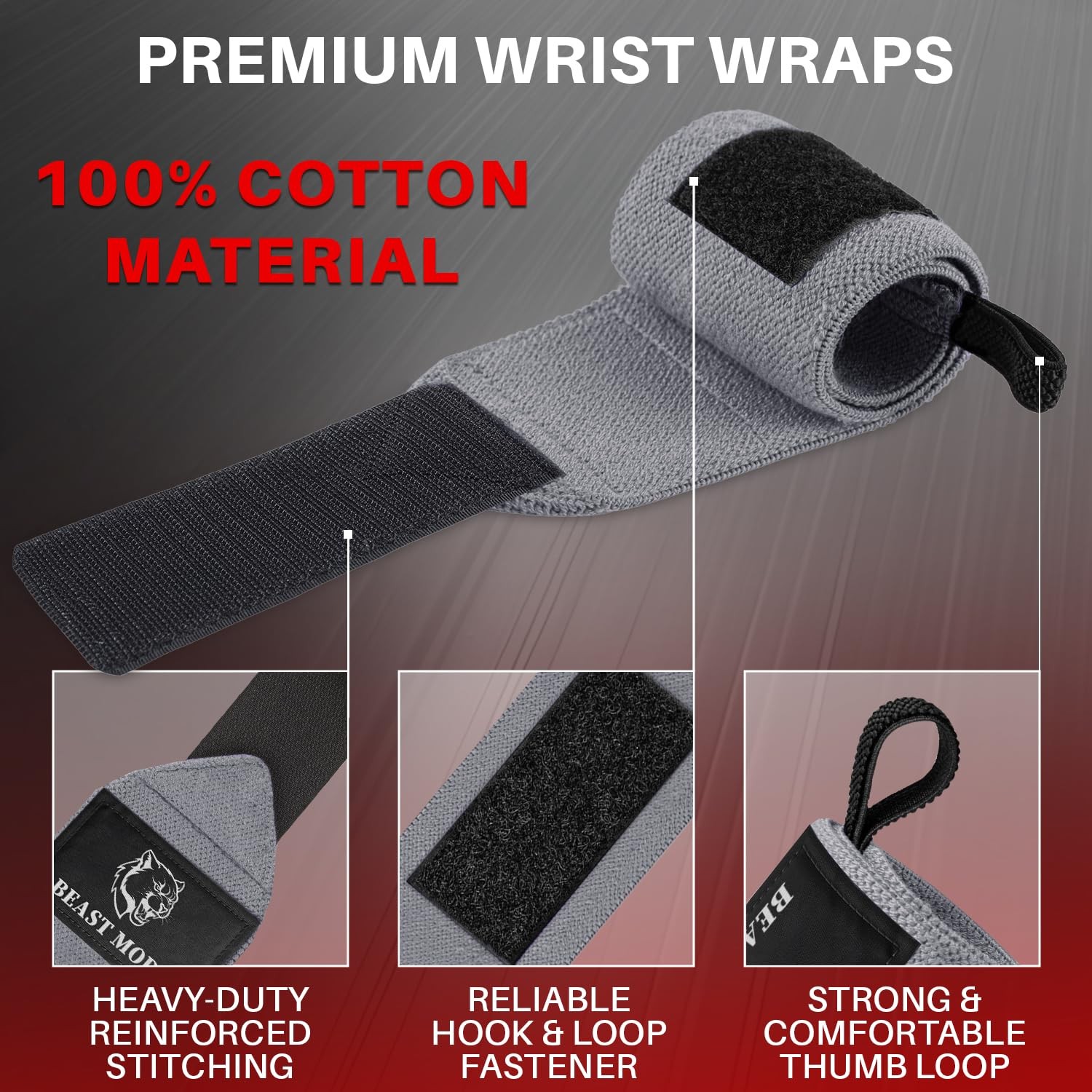 Weightlifting Wrist Wraps with Thumb Loop – Gray – Beast Mode – 12 inch – Hea...