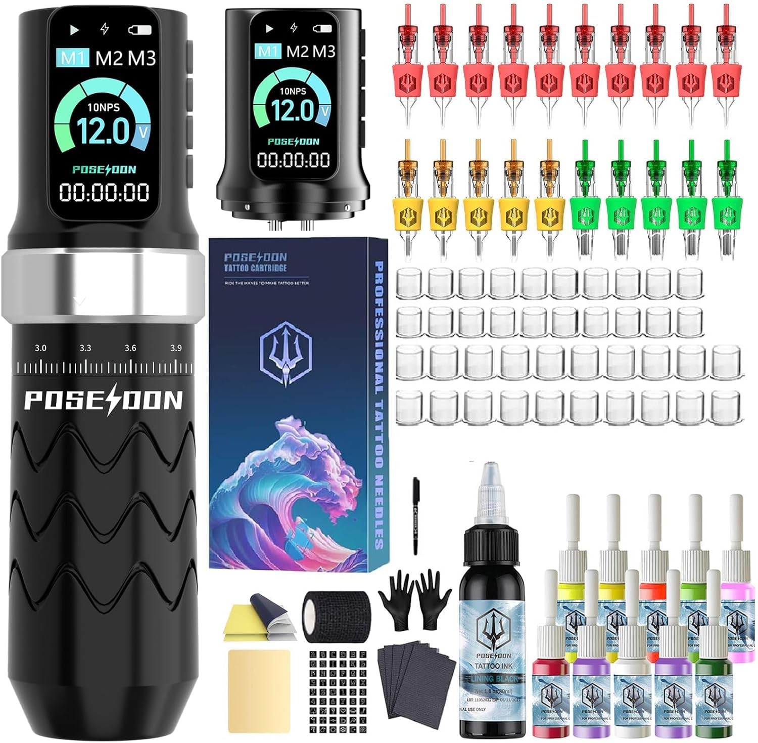 POSEIDON Tattoo Gun Kit, Wireless Pen Kit 3Mm (Thickness), Black