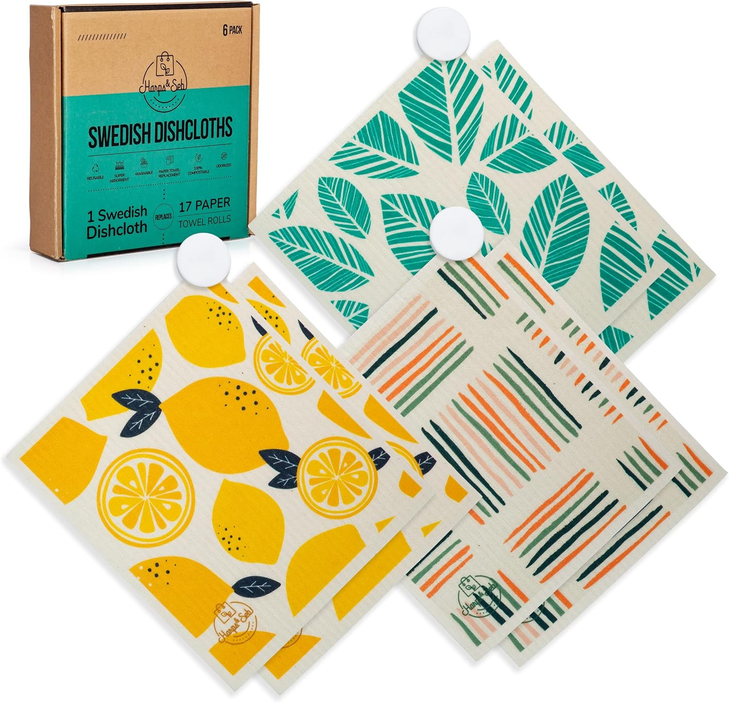 Swedish Dishcloths for Kitchen Dishcloths - 6 Pack, Reusable Paper Towels with C