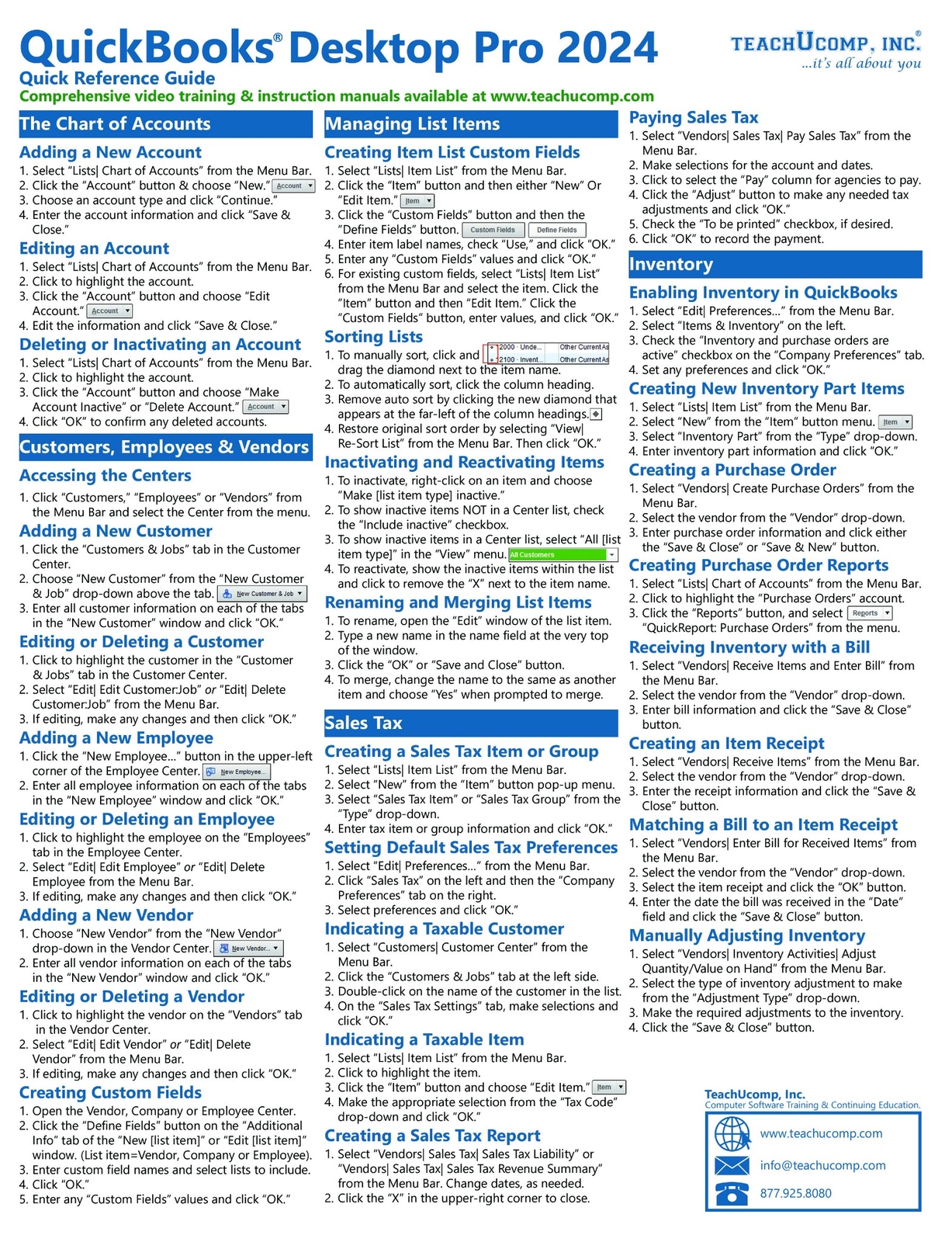 QuickBooks Pro 2024 Training Guide Quick Reference Card 4 Page Cheat Sheet