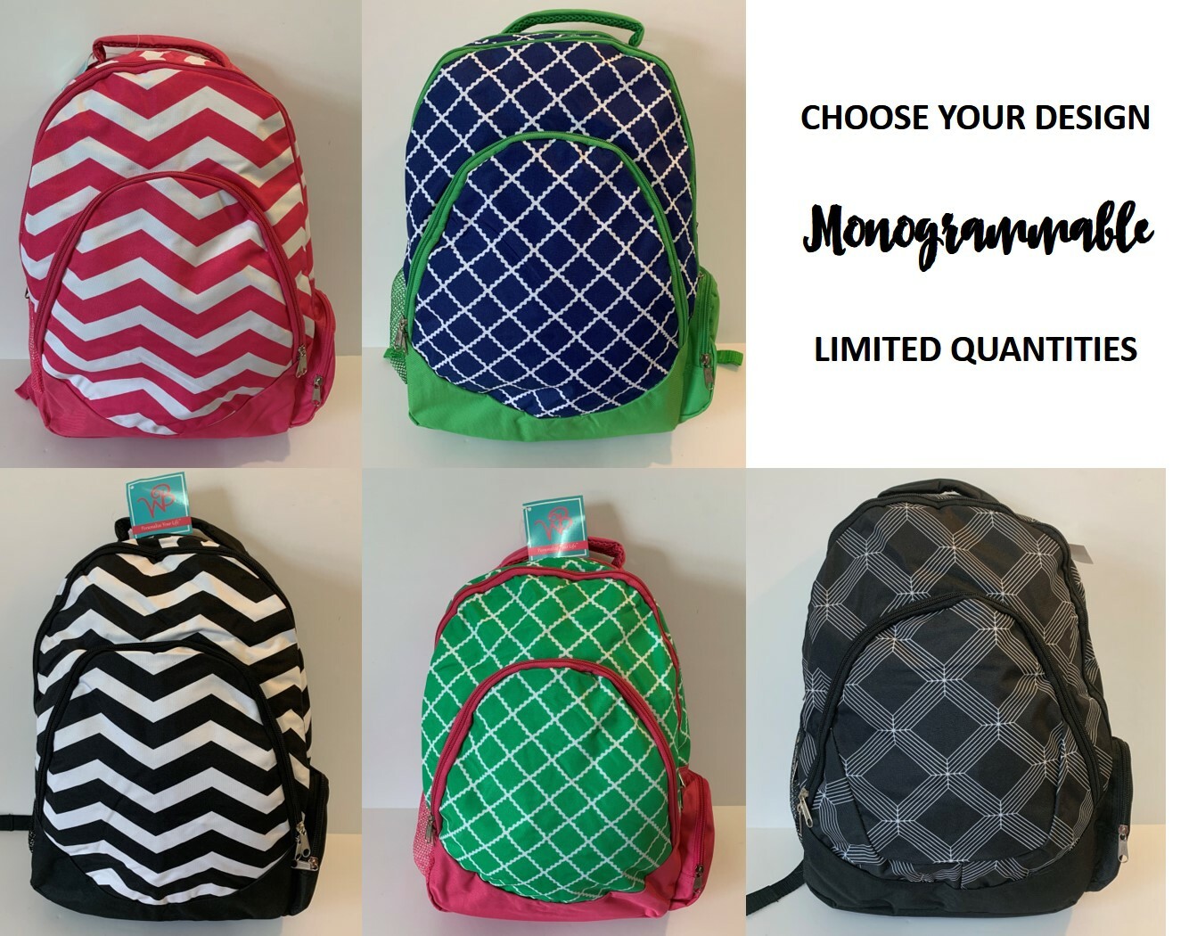 Monogrammable Laptop Tablet Backpack Padded Bag Black Chevron Pink Green Blue