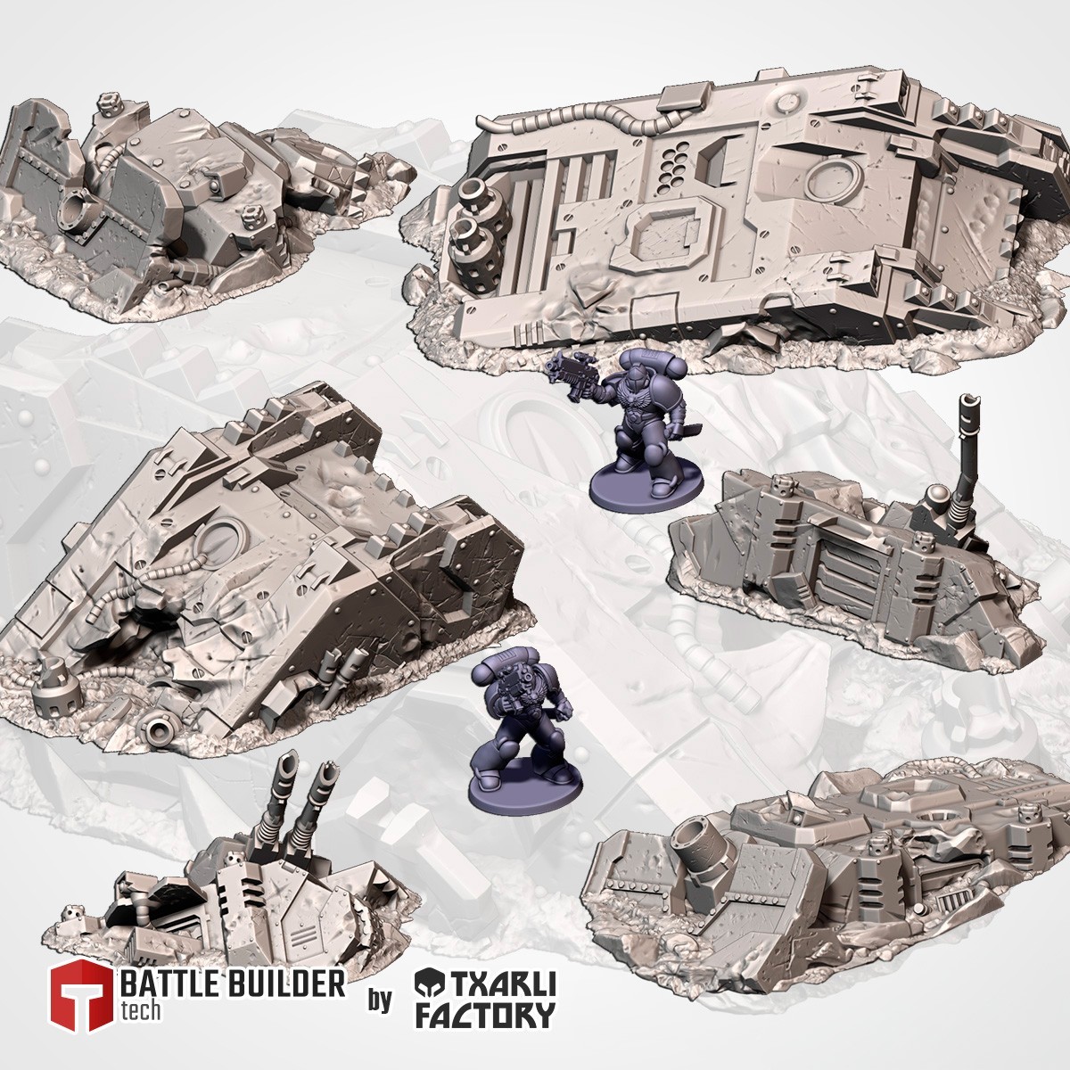 Crashed Tanks Terrain - 6 Destroyed Vehicles for GrimDark SciFi