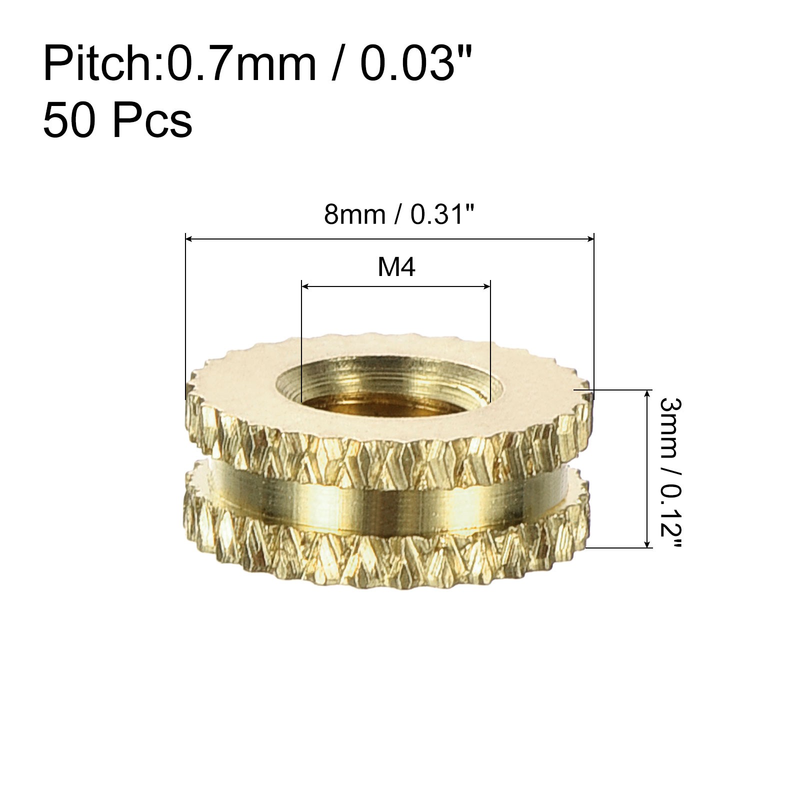50Pcs Knurled Insert Nuts, M4x3mm(L)x8mm(OD) Brass Female Threaded Inserts