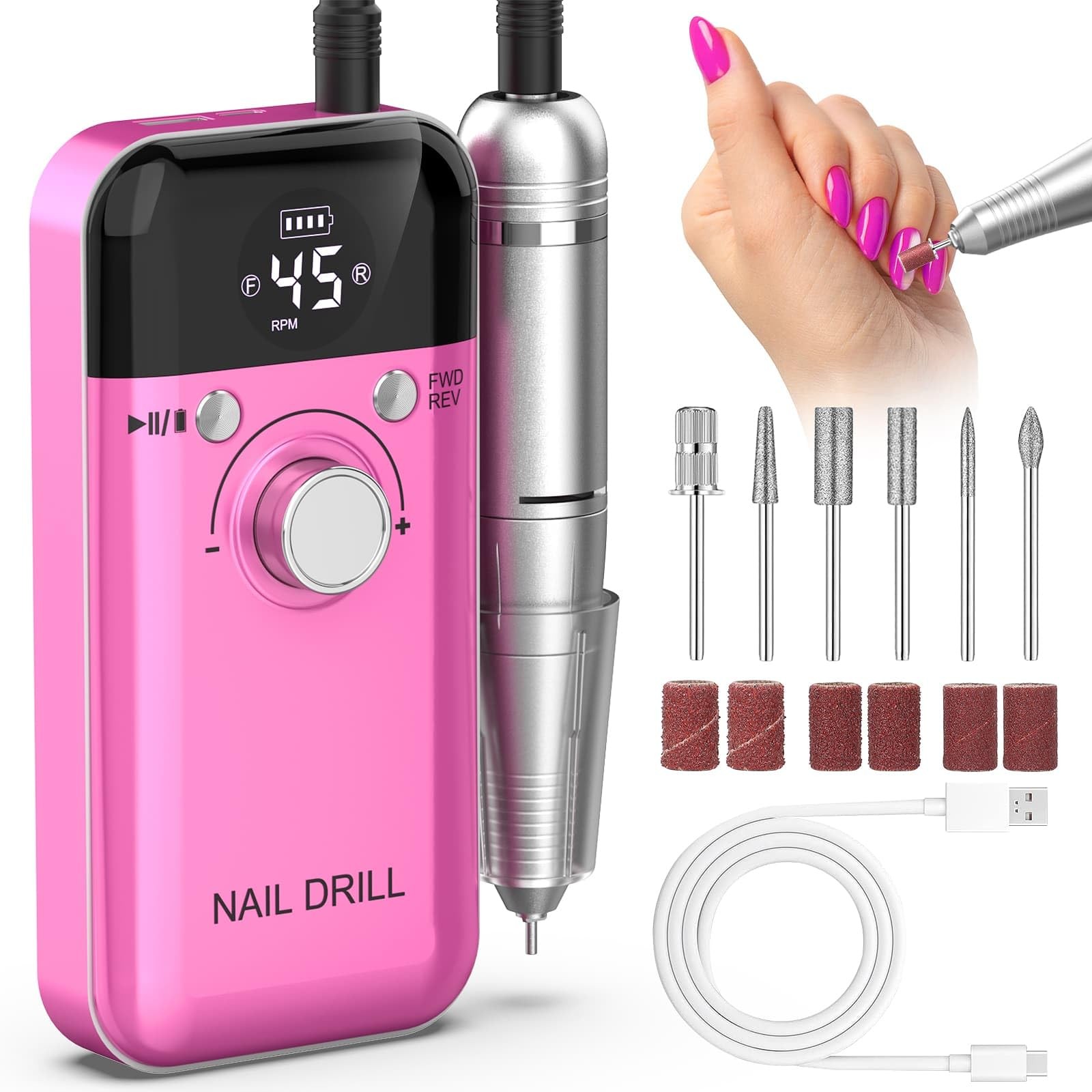 Portable Nail Drill Professional: 45000 RPM Rechargeable Electric Nail Drills...