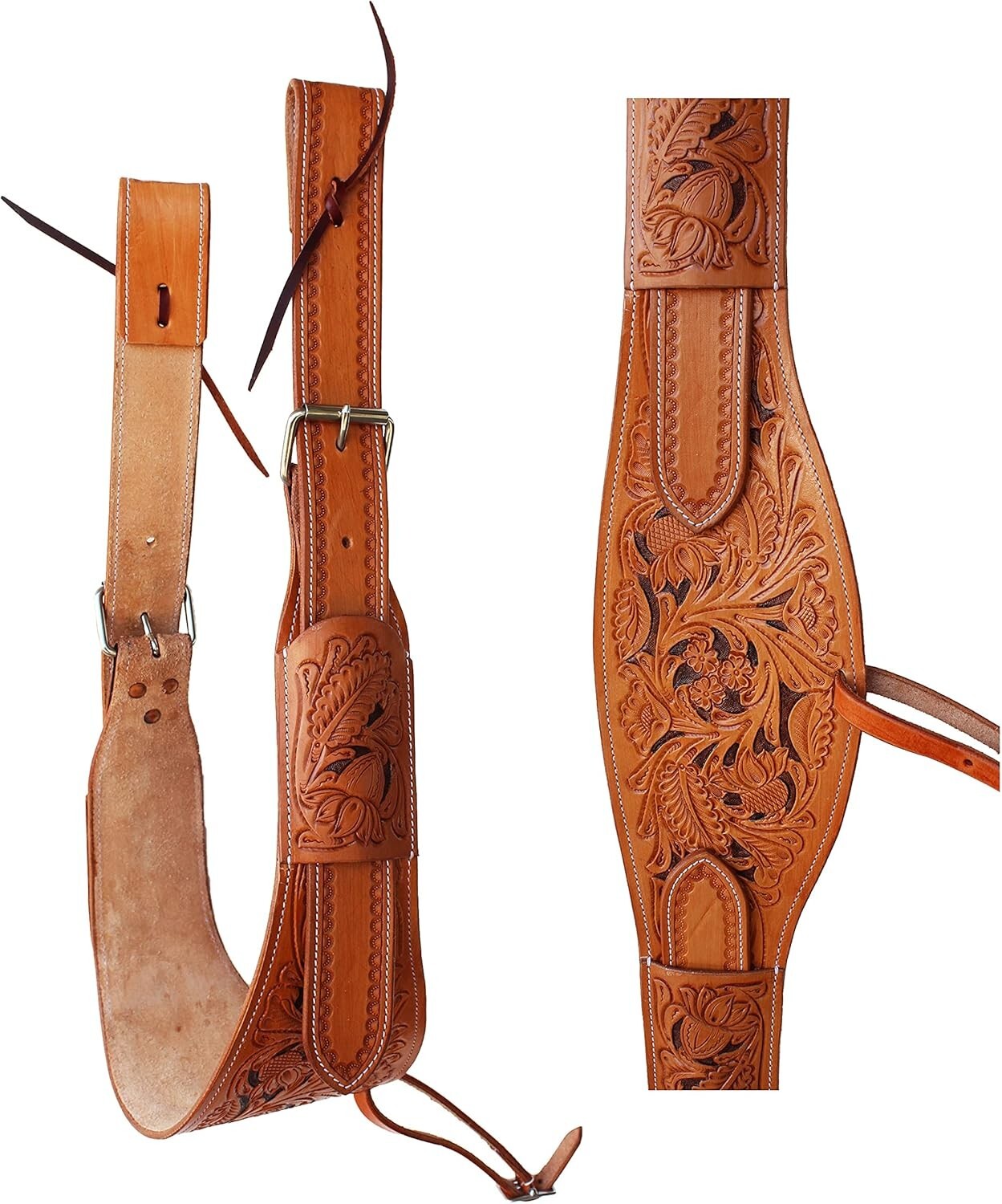 Leather Horse Rear Western Girth Set Basket Tooled Flank Saddle With Billets.