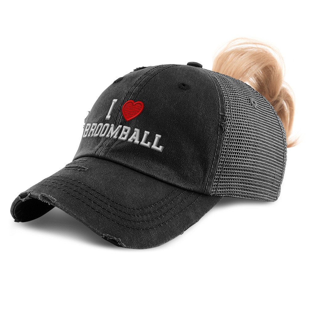 Womens Ponytail Cap I (Love) Broomball Red Heart Sports Lovers Broomball Lovers