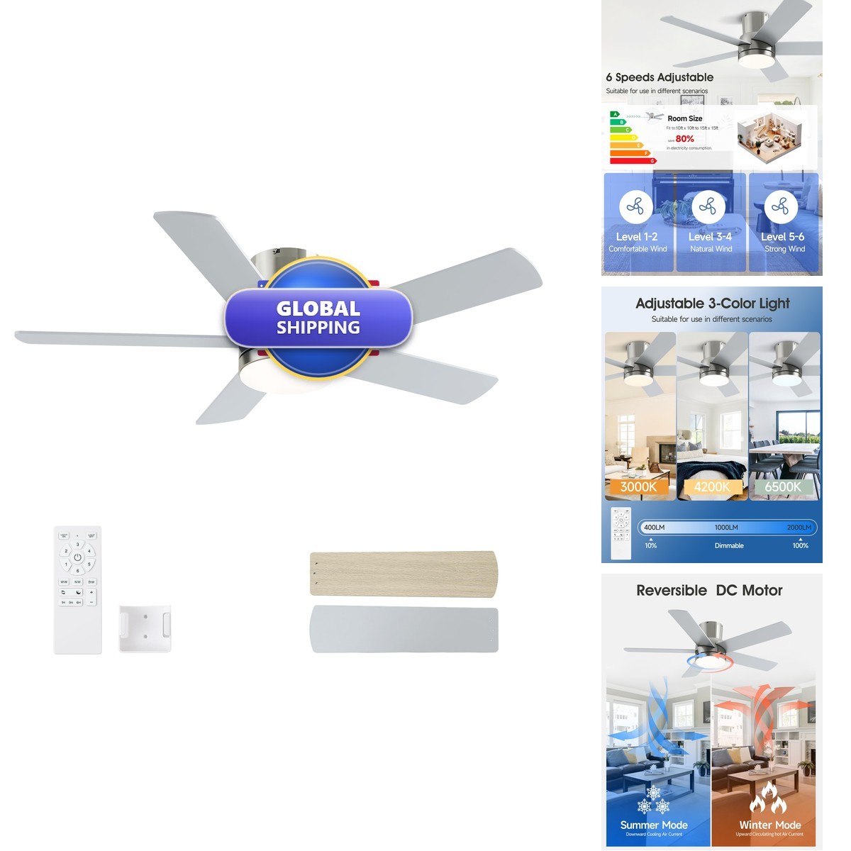 EasyNice 42" Brushed Nickel Flush Mount Ceiling Fan with Light and Remote