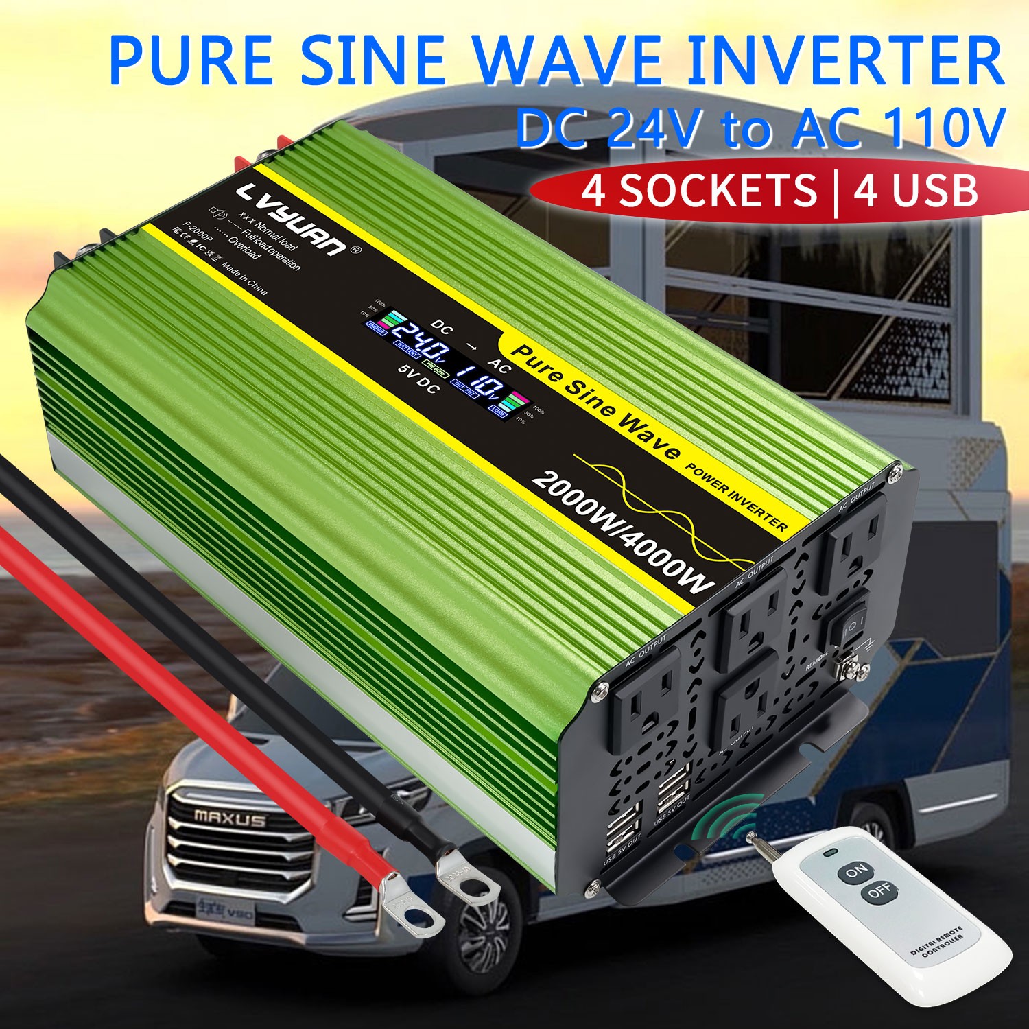 2000W 4000W Pure sine Wave Power Inverter Converter 24V to 110V w/4AC 4USB LCD