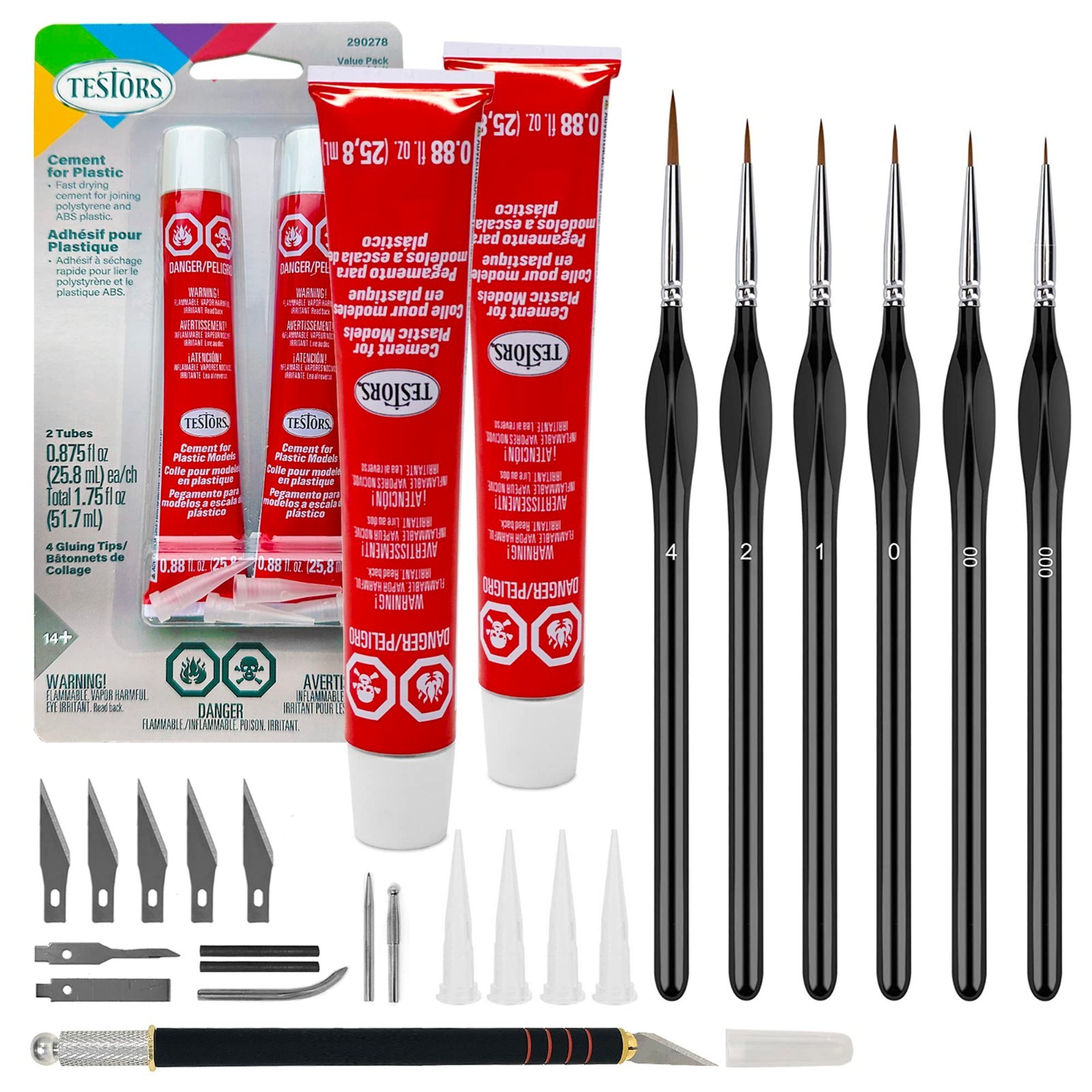 Plastic Model Glue 2-Pack, Fine Detail Paint Brushes Set, Precision Crafting Kni