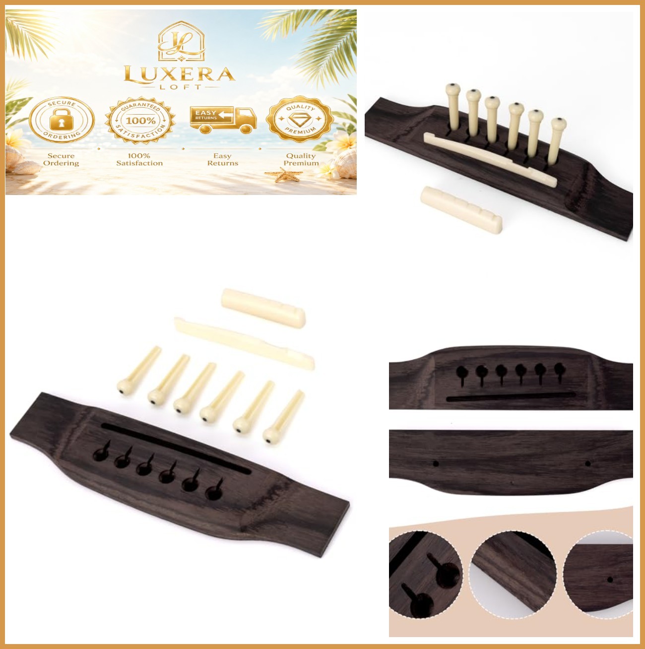 Acoustic Guitar Bridge Saddle Nut Pins Set White 6 String Rosewood Bridge