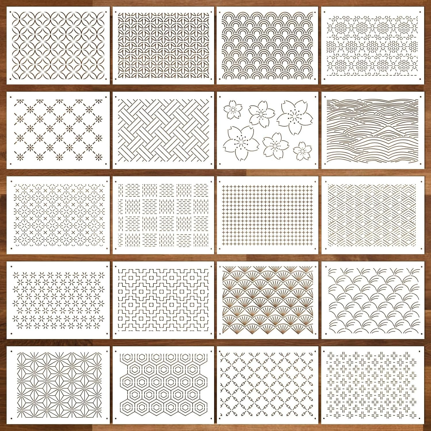 20 Pcs Plastic Sashiko Stencil 8.3 x 5.9 Inch Sashiko Template Drawing Line Quil