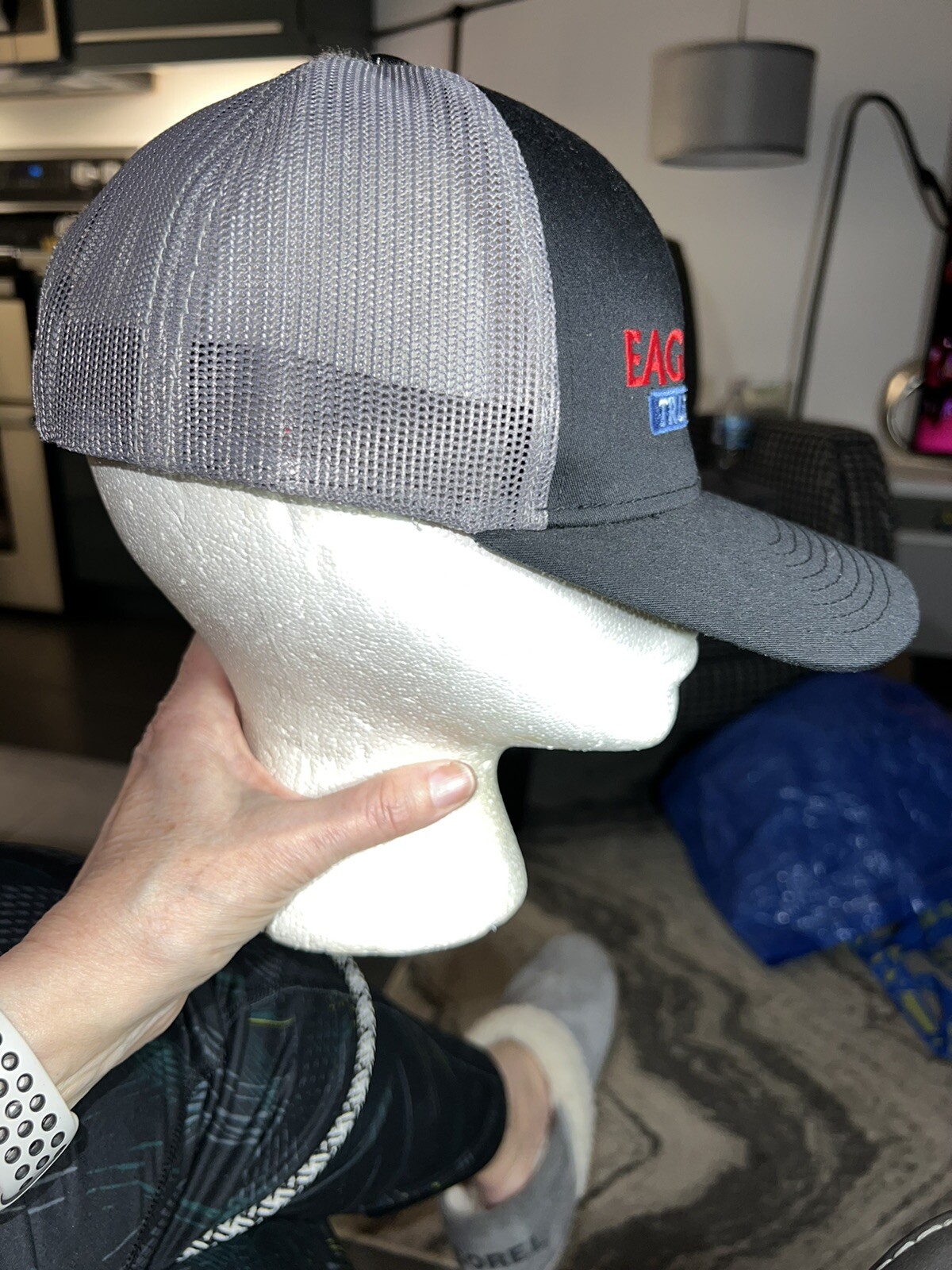 Trucker Hat Black Fabric Gray Mesh Eagle Eye Trucking Lines LLC snapback EUC Adj