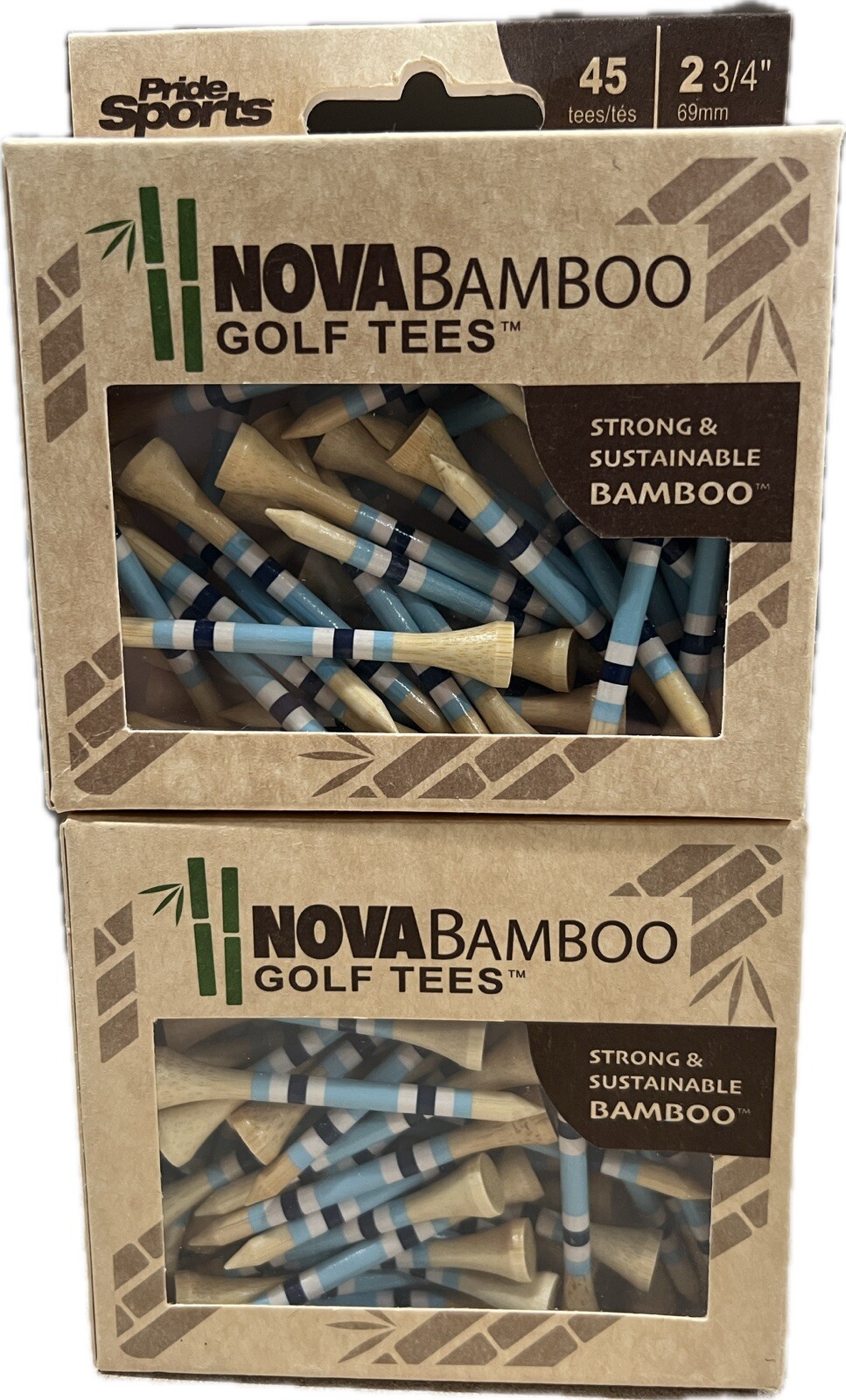 New PrideSports Golf 2 3/4" Nova Bamboo Tees Blue/White/Navy LOT OF 2 Bx 90 Tees