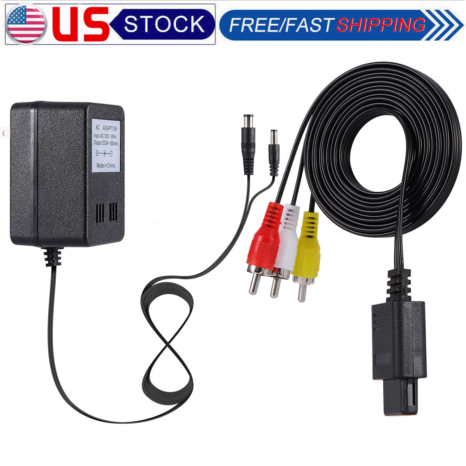 AV RCA Audio+AC Cable Power Supply Adapter Cord For Super Nintendo SNES Game Set