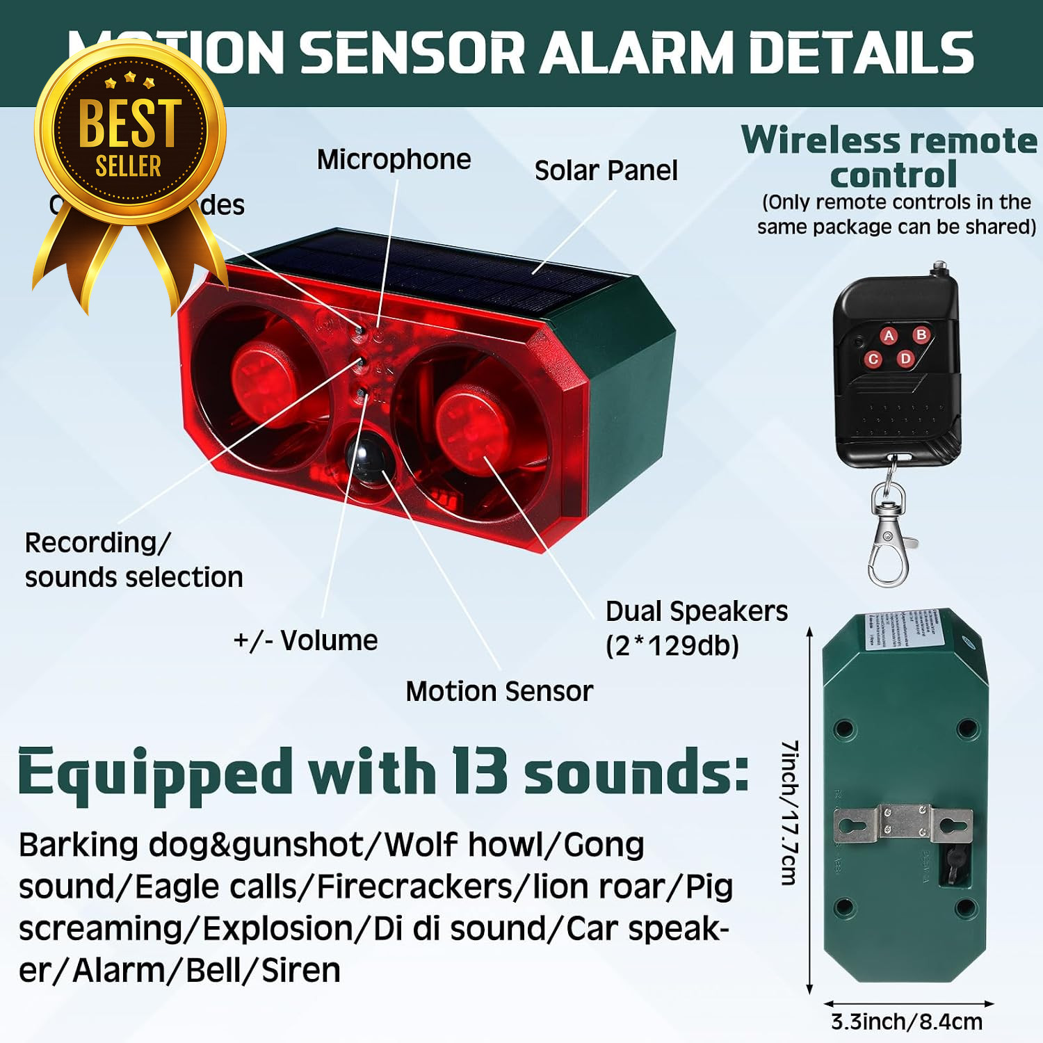 4 Pack Solar Motion Sensor Alarm 130dB Animal Deterrent with Remote