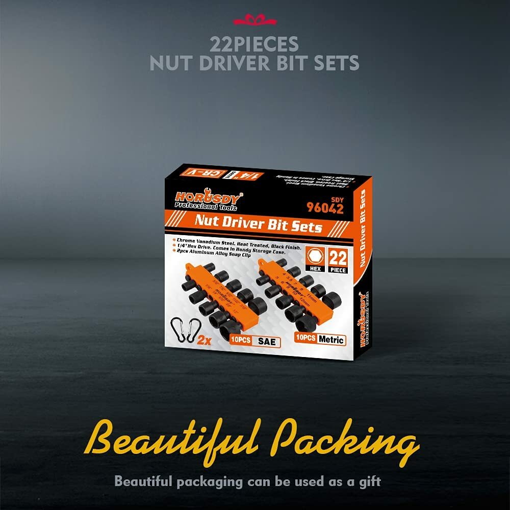 22PCS Power Nut Driver Bit Set Quick Change MM & SAE Impact 1/4" Hex Shank