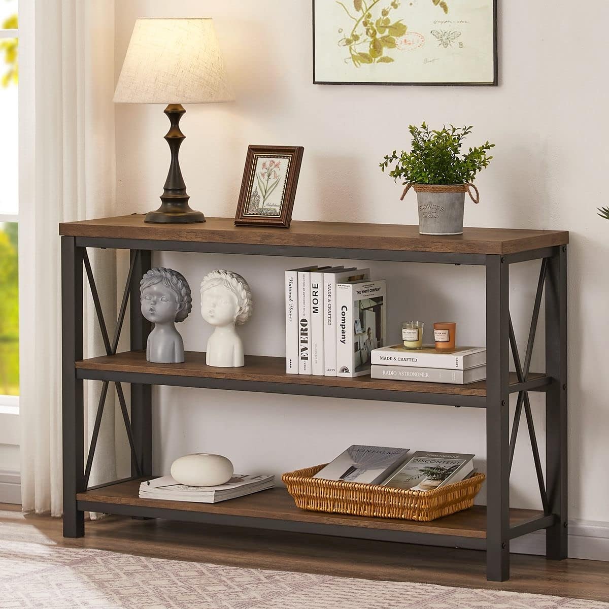 Rustic Console Table Behind Couch Industrial Entryway Table W/ Shelves Farmhouse