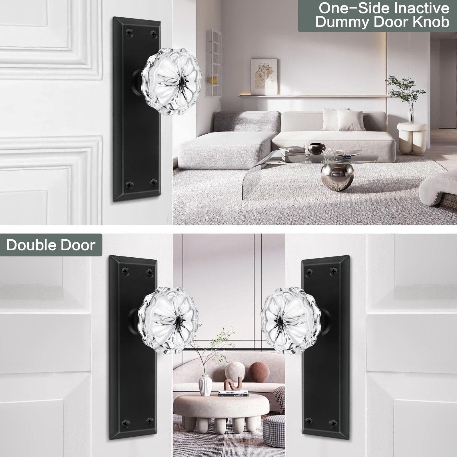 2 Pack Vintage Matte Black Single Sided Crystal Dummy Door Knobs Interior, An...