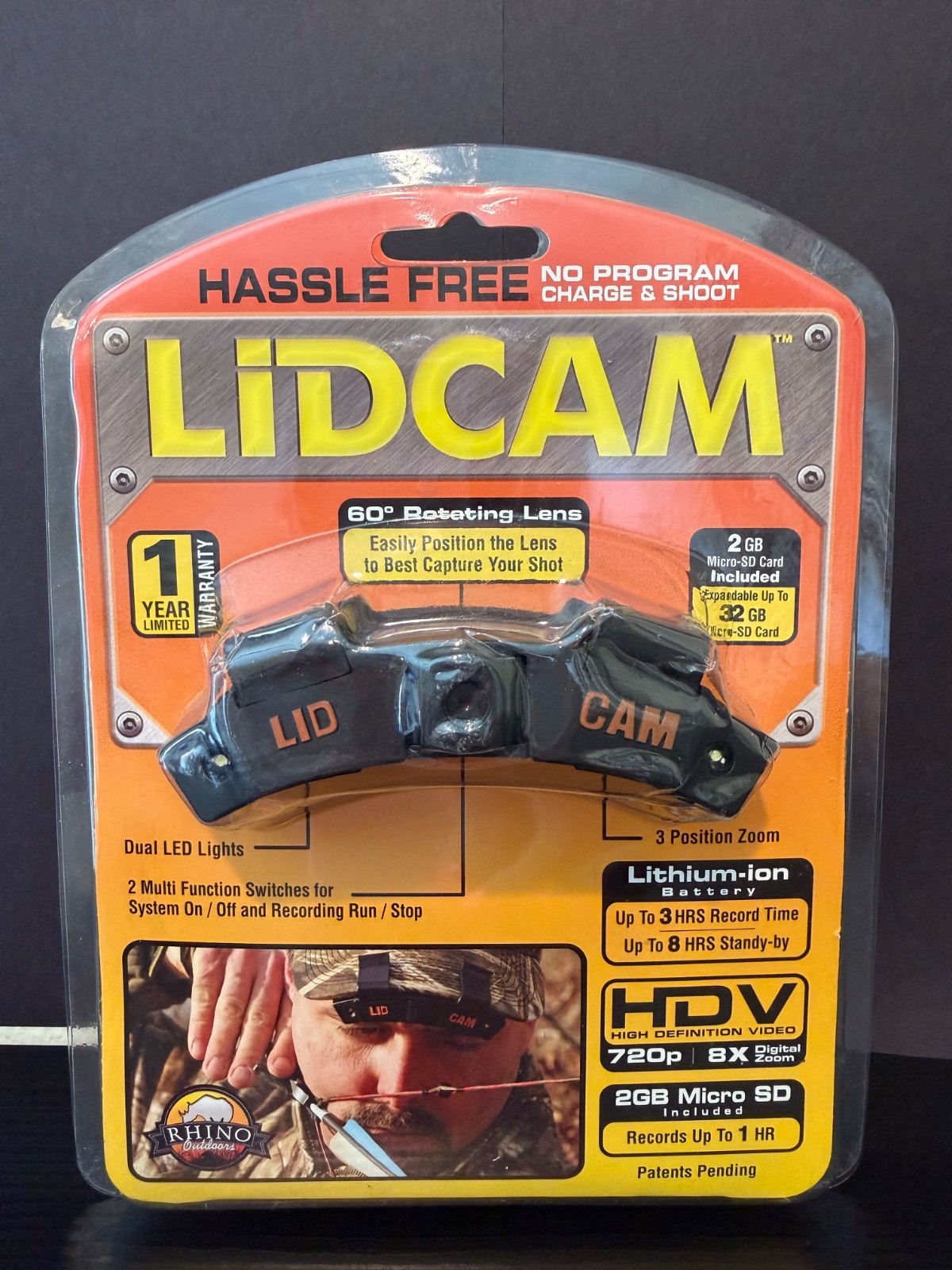 Rhino Outdoors LiDCAM Hat Mounted Hand-free Digital Camera 720p HD Black 8X Zoom