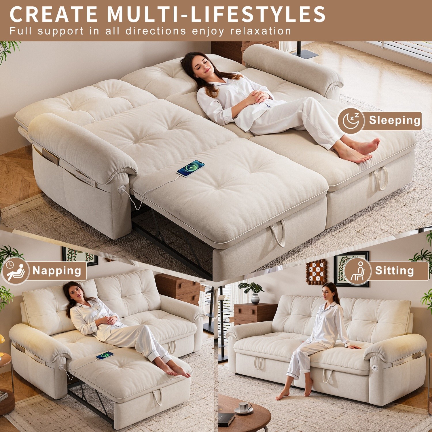Convertible Sofa Bed Velvet 2-in-1 Folding Loveseat Couch with Recliner Feature