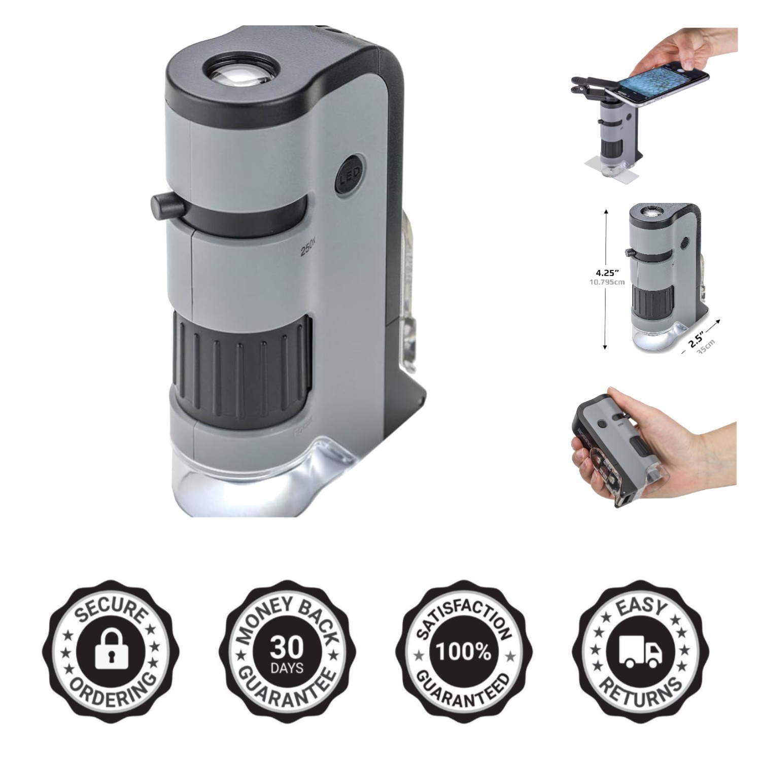 MicroFlip 100x-250x Pocket Microscope with Smartphone Clip for STEM Learning