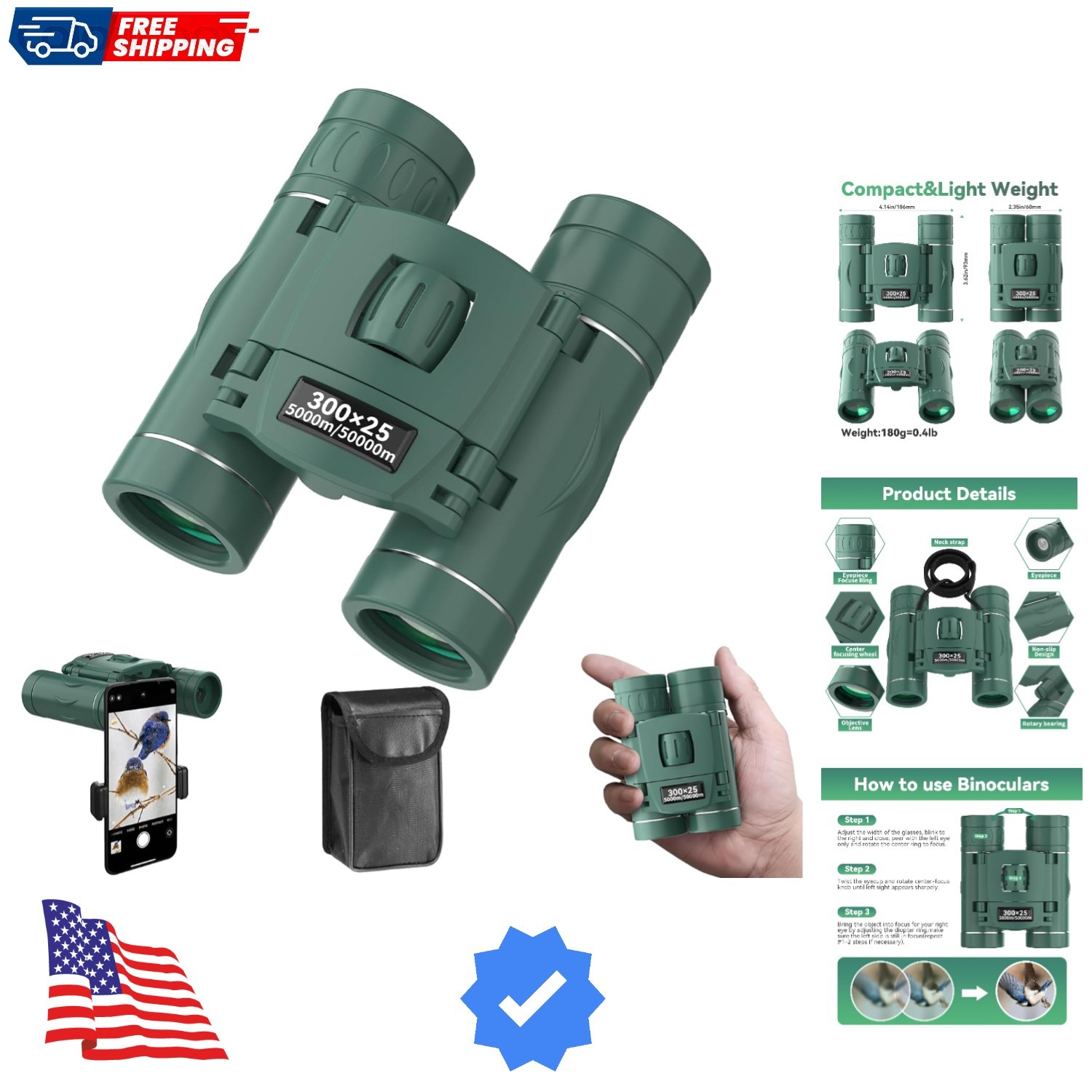 300x25 Binoculars for Adults and Kids, High Powered Mini Pocket Binoculars wi...