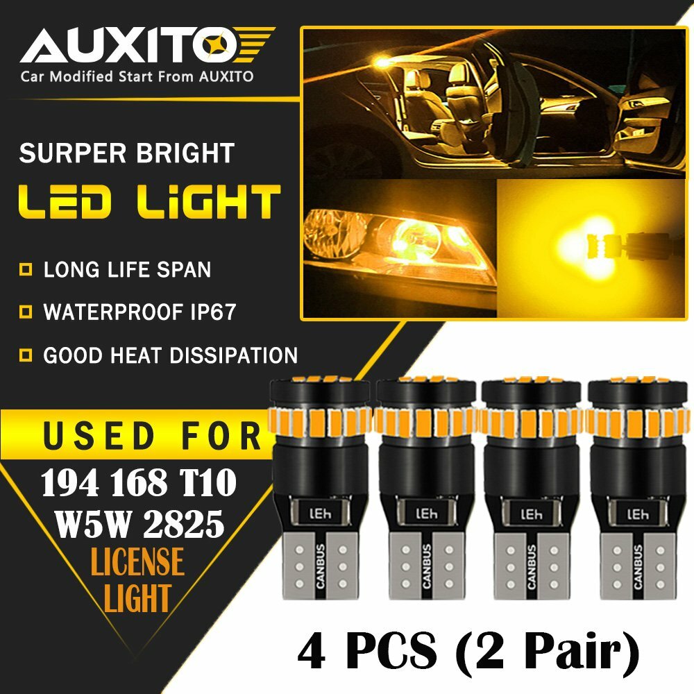 4X AUXITO Amber Yellow 168 194 921 T10 License Side Marker Light Canbus LED Bulb