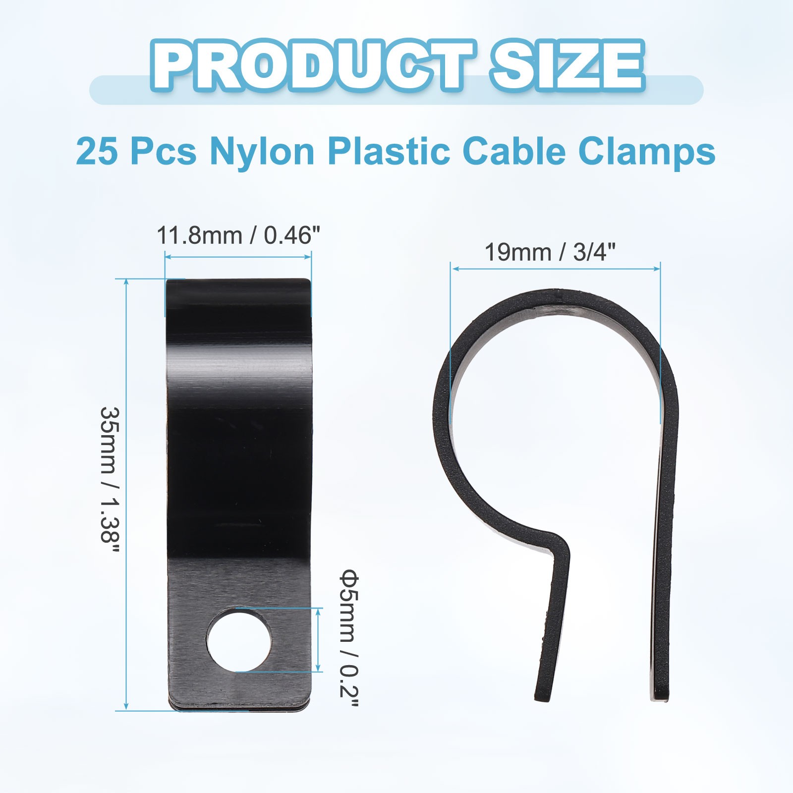 Nylon Plastic Cable Clamps 3/4 Inch, 25 Pcs R-Type Cable Clips, Black