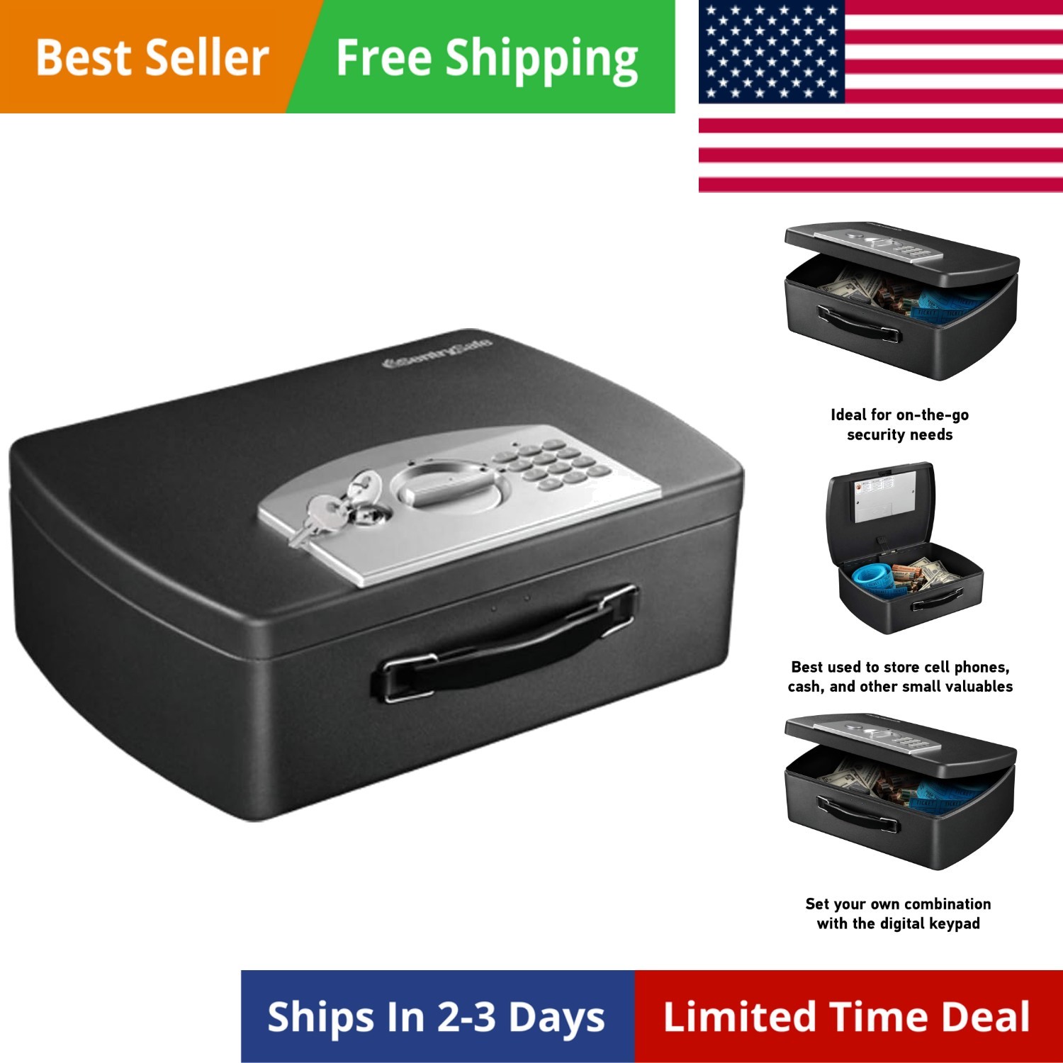 Portable Black Safe Box with Digital Keypad Lock, Small Steel Travel Safe wit...