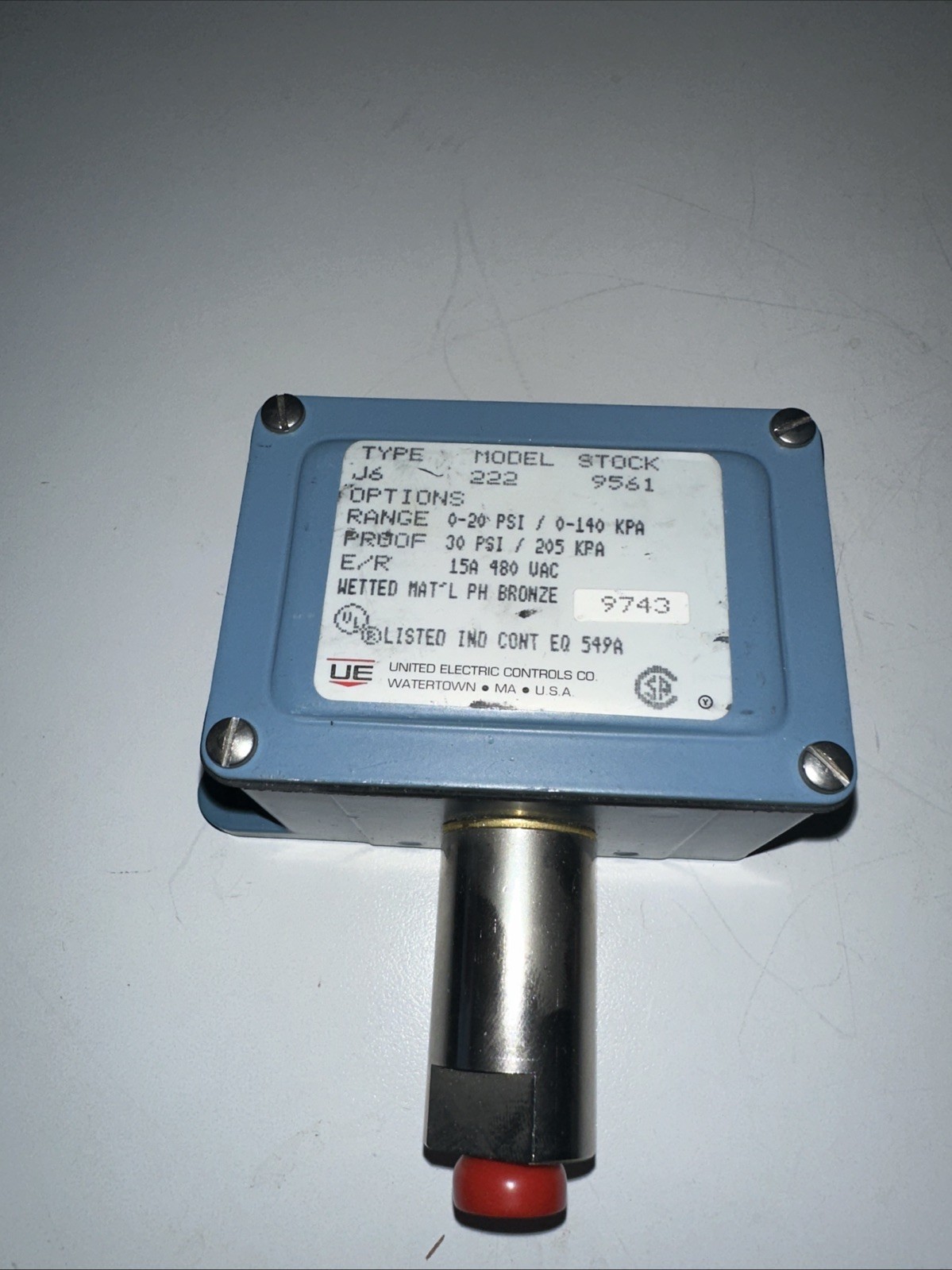 UNITED ELECTRIC J6-222-9561 / J6 222 9561 UE Pressure Switch Range 0-20 Psi 15A