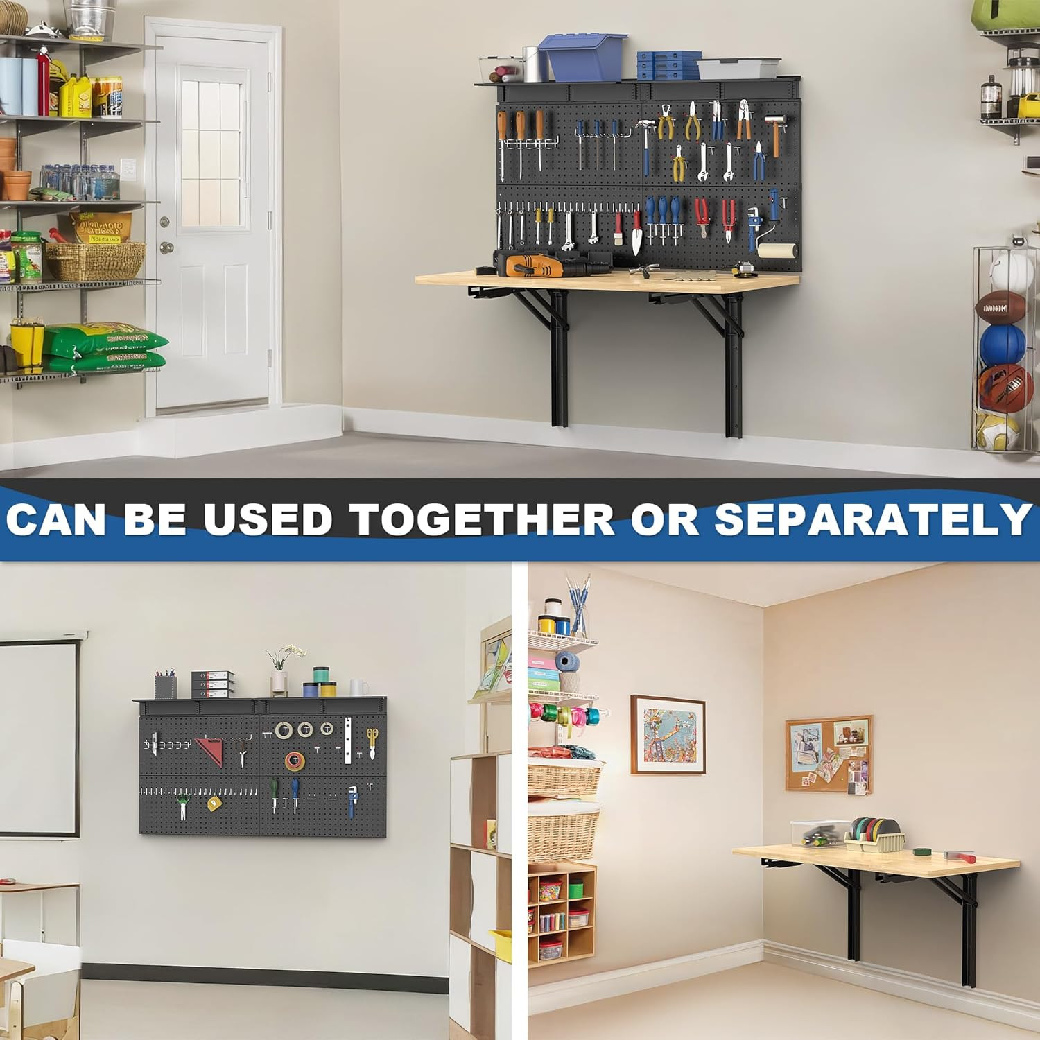 Folding Wall Mounted Workbench with Pegboard Organizer for Garage & Workshop
